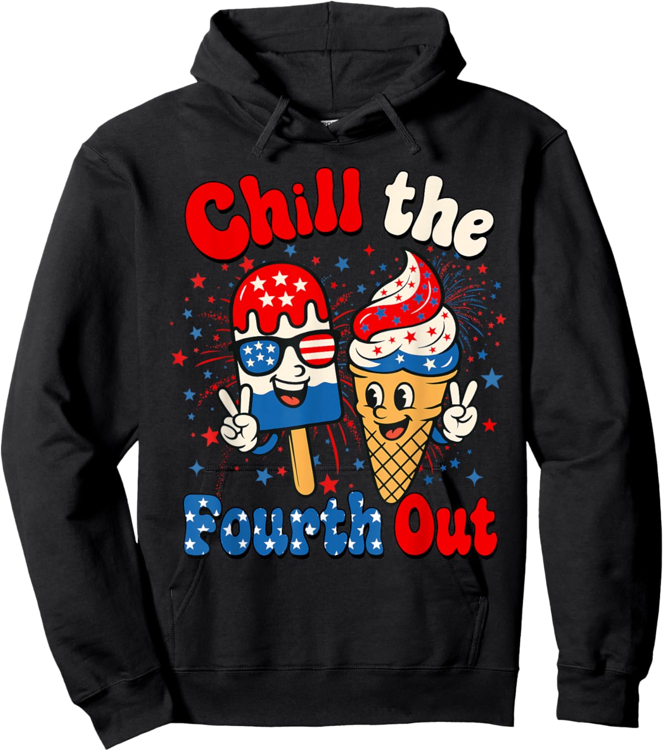 Chill The Fourth Out Funny Ice Cream 4th of July USA Flag Hoodie - Hoodie | Black