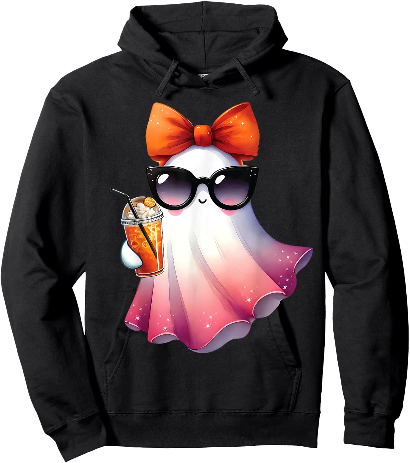 Cute Ghost Drinking Coffee With Halloween Bow Girls Hoodie - Hoodie | Black