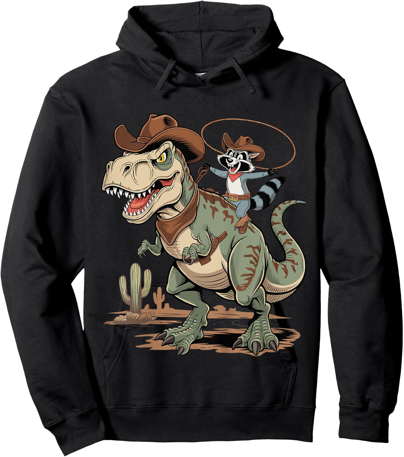 Kids Kids Raccoon Cowboy Riding T-Rex Trash Panda Western Country Hoodie - Hoodie | Black