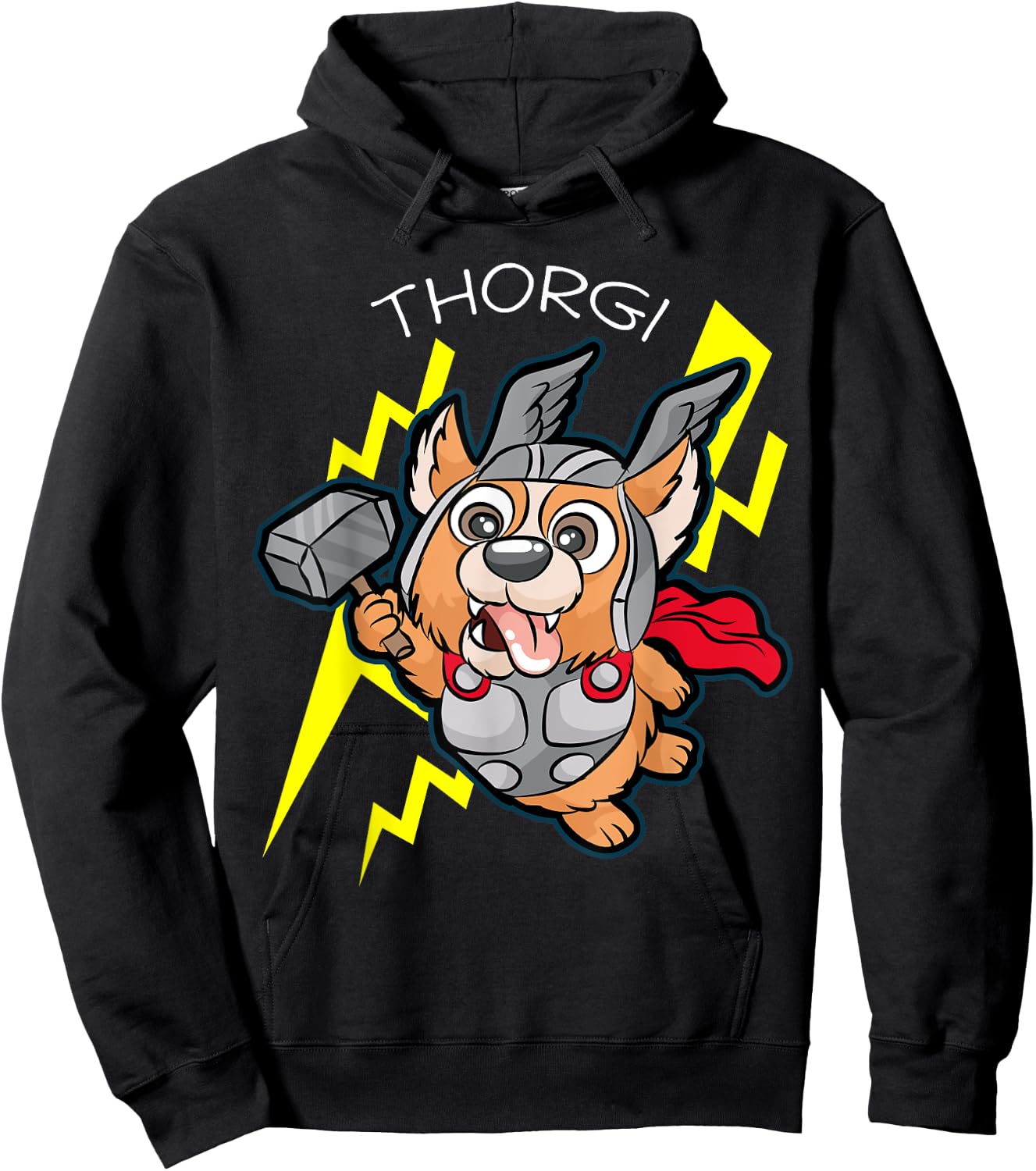 Thorgi | Corgi Thor Thunder Lightning Cartoon Gift Hoodie - Hoodie | Black