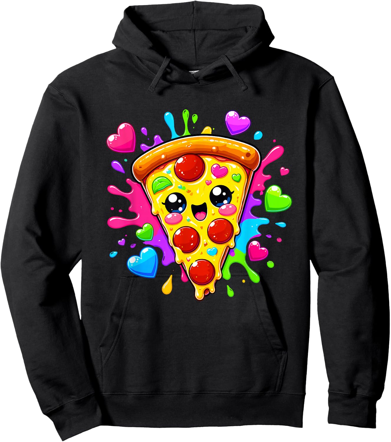 Cute Kawaii Pepperoni Pizza Slice Colorful Hearts Hoodie - Hoodie | Black