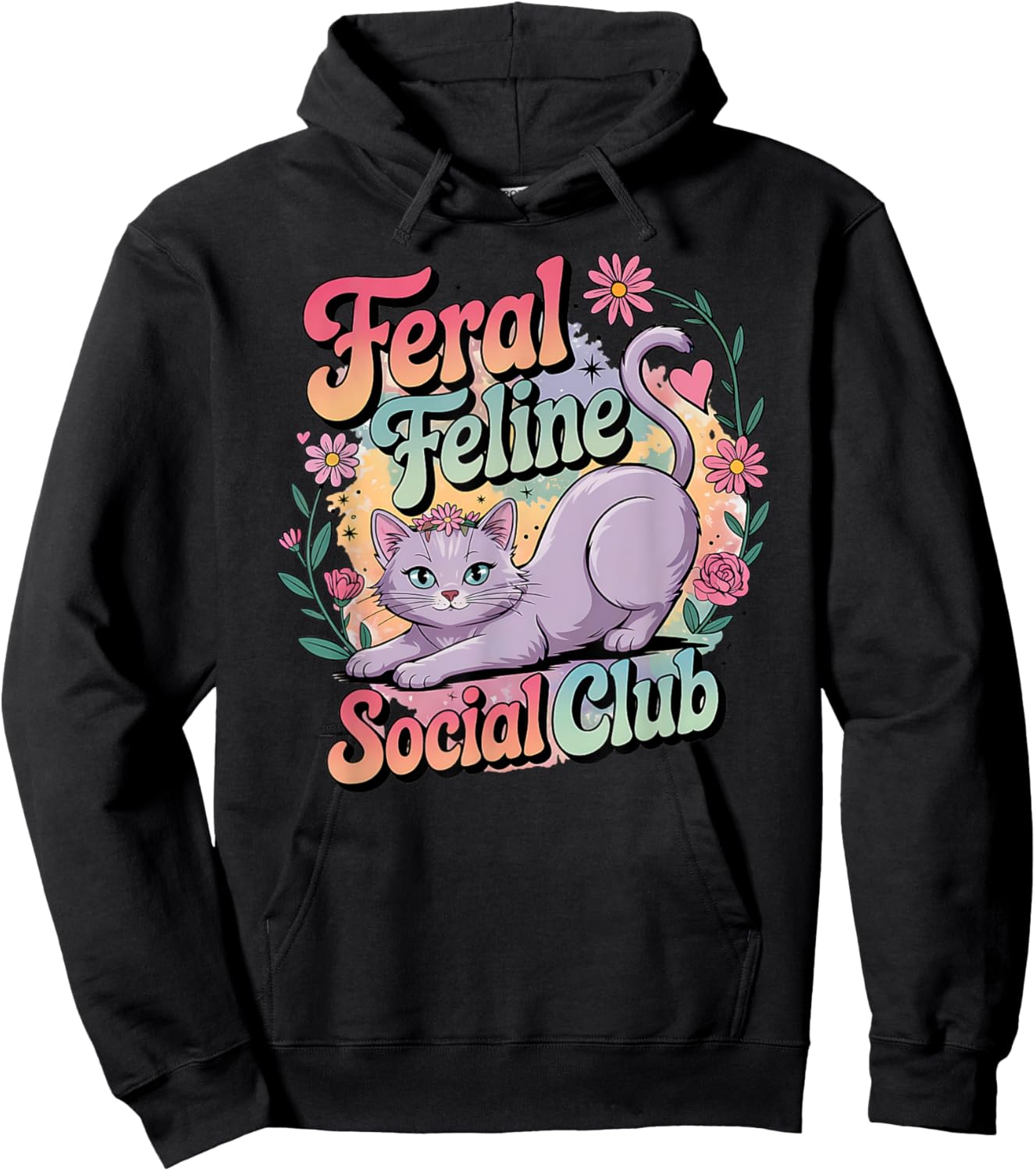 Feral Feline Social Club Pastel Cat & Girls Hoodie - Hoodie | Black
