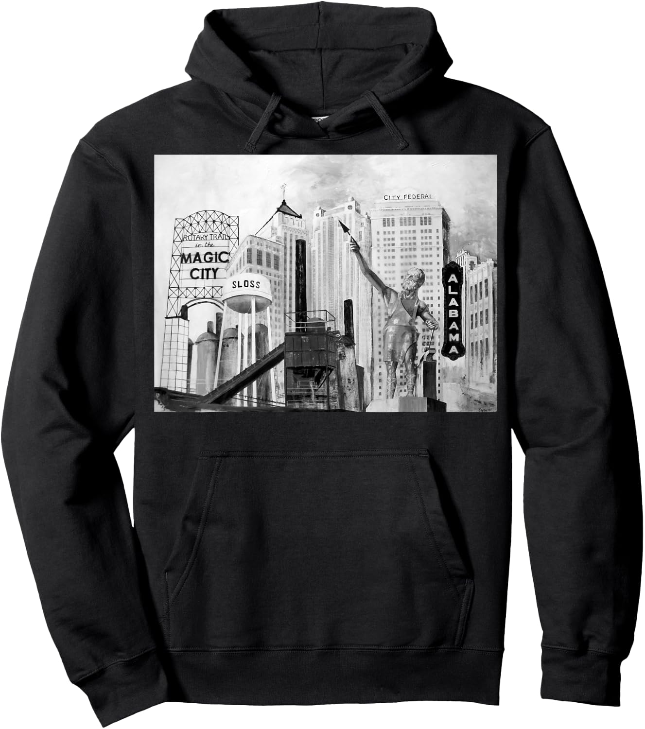 Landmarks of Birmingham, Alabama incl Vulcan, Sloss Furnaces Hoodie - Hoodie | Black
