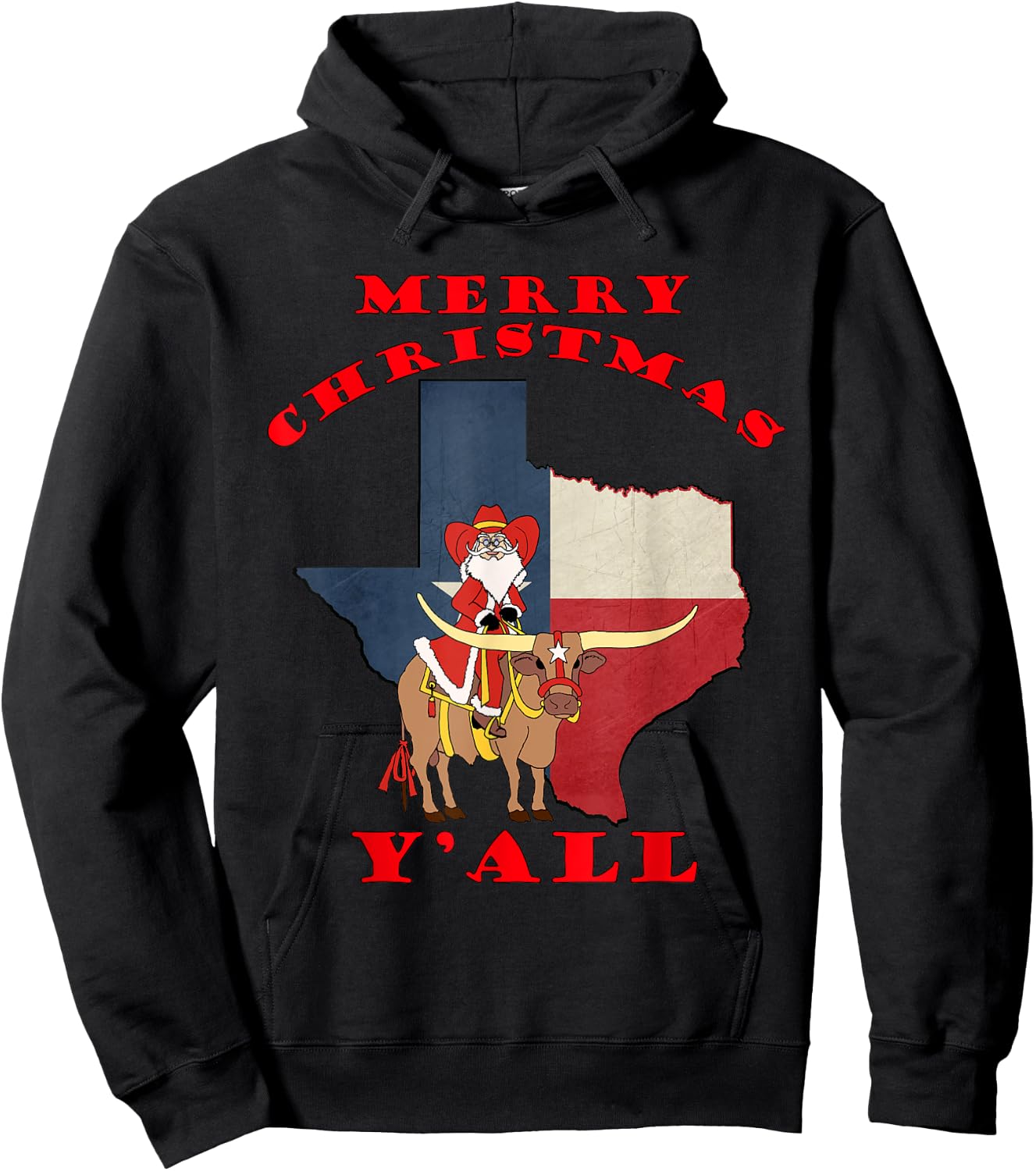 Texas Merry Christmas Y'all Santa On Bull Design Hoodie - Hoodie | Black