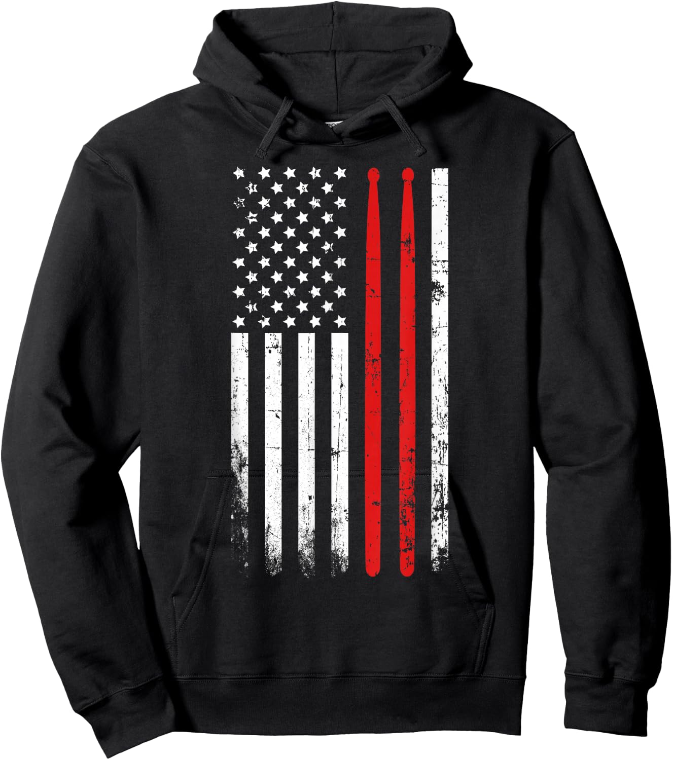 Drum Sticks on a Vintage American Flag for Drummers Hoodie - Hoodie | Black