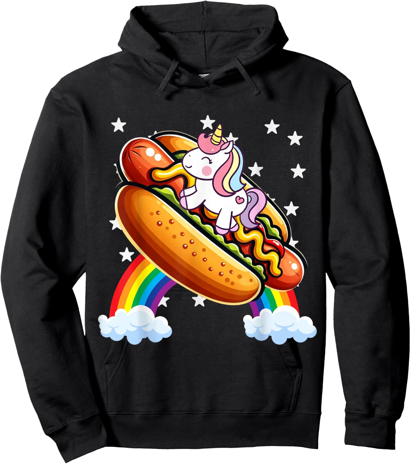 Unicorn Riding Hot Dog Boys Girls Women Kids Teens Adults Hoodie - Hoodie | Black