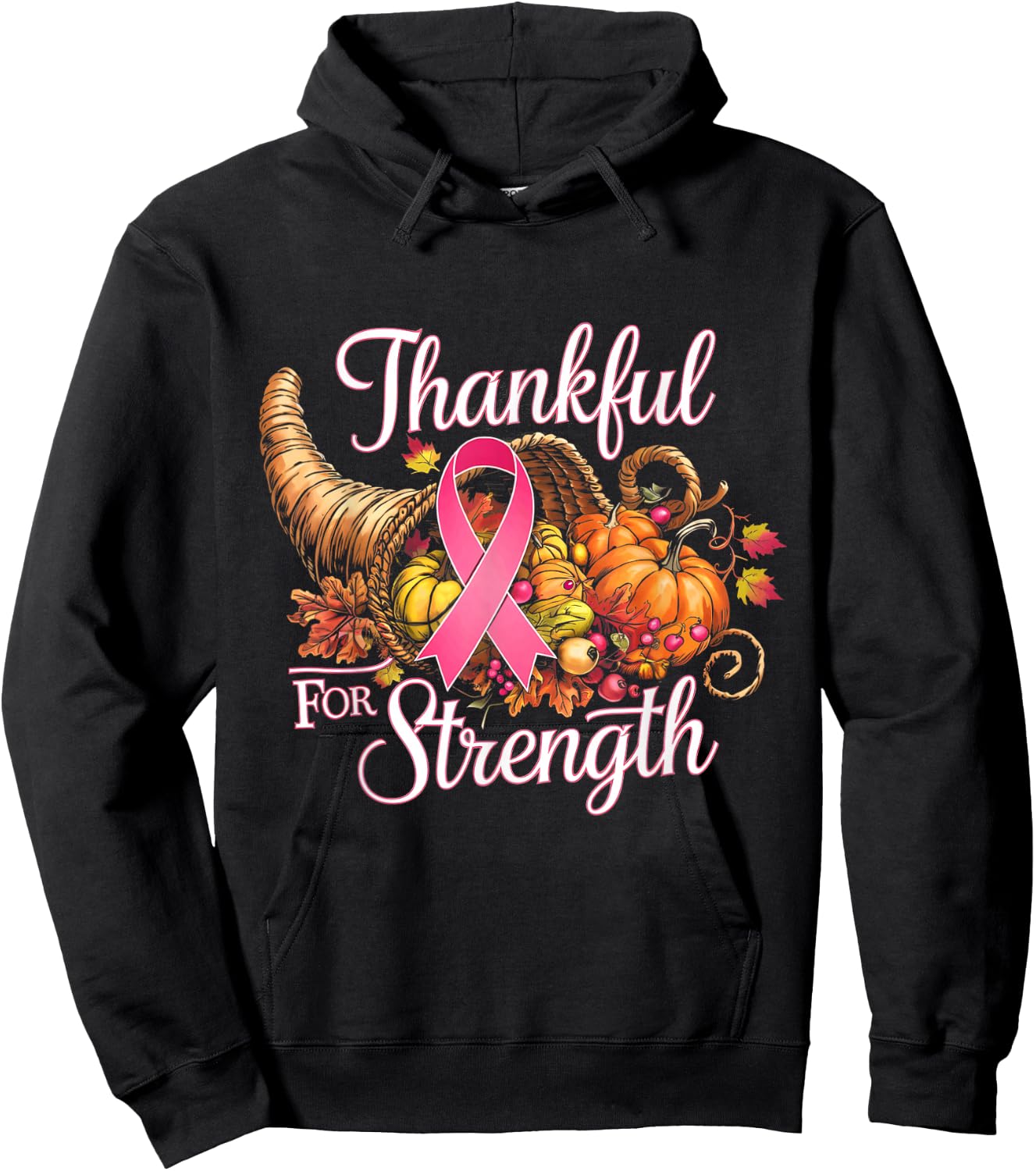 Thankful for Strength Thanksgiving Breast Cancer Awareness Hoodie - Hoodie | Black