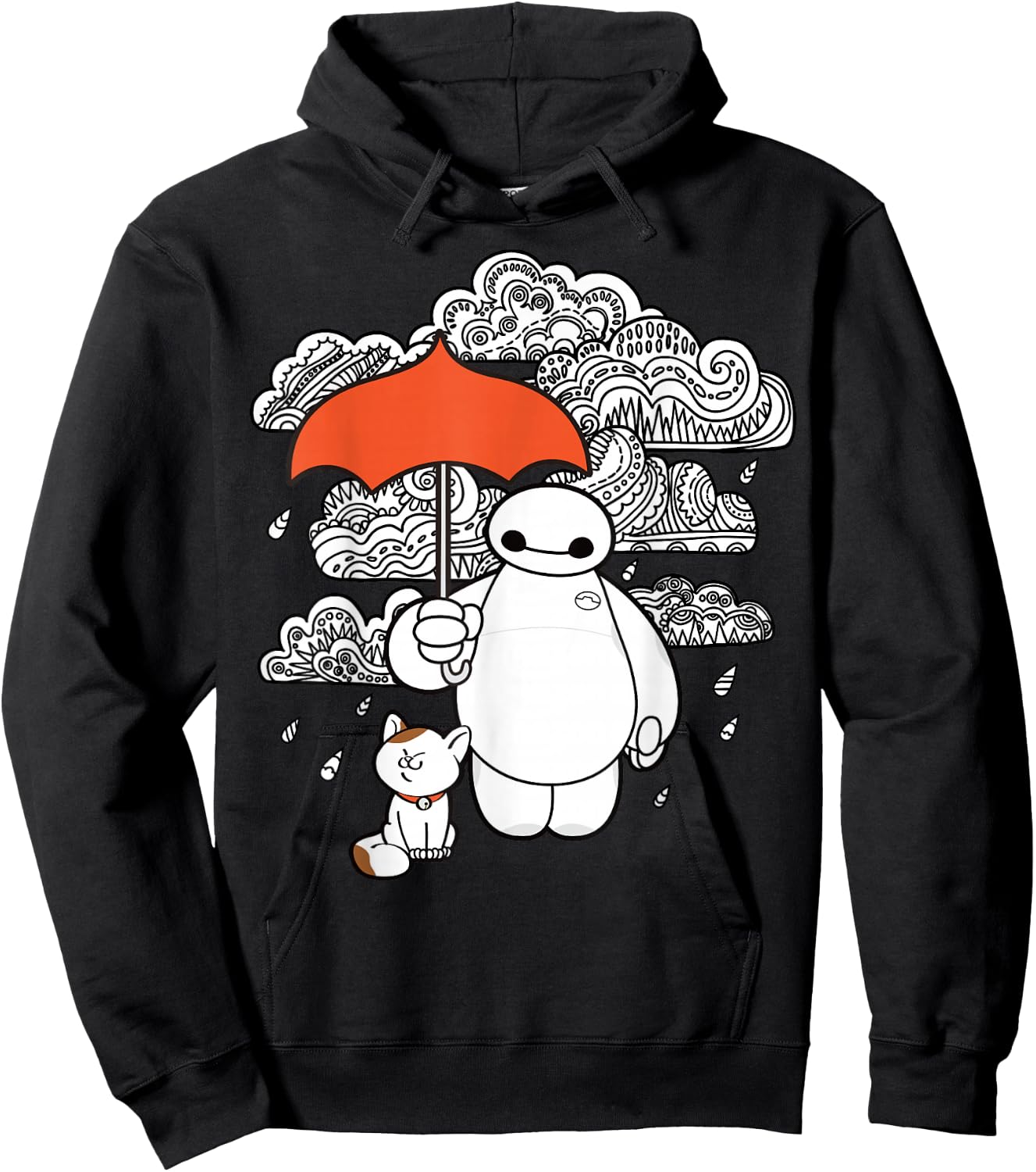Disney Big Hero 6 Baymax Patterned Rain Clouds Portrait Hoodie - Hoodie | Black