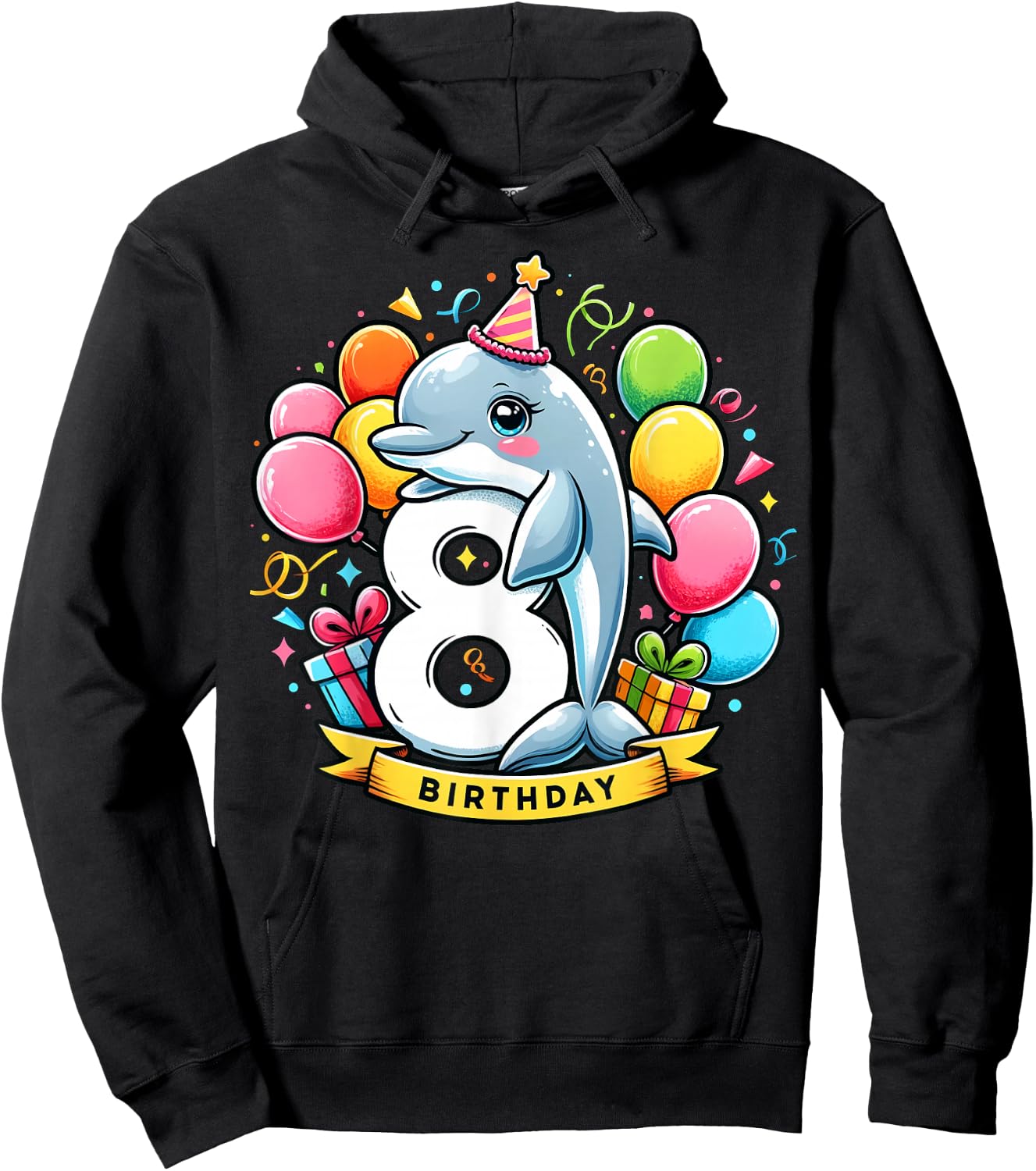 Dolphin 8th birthday boy girl 8 years old eight Dolphin Hoodie - Hoodie | Black