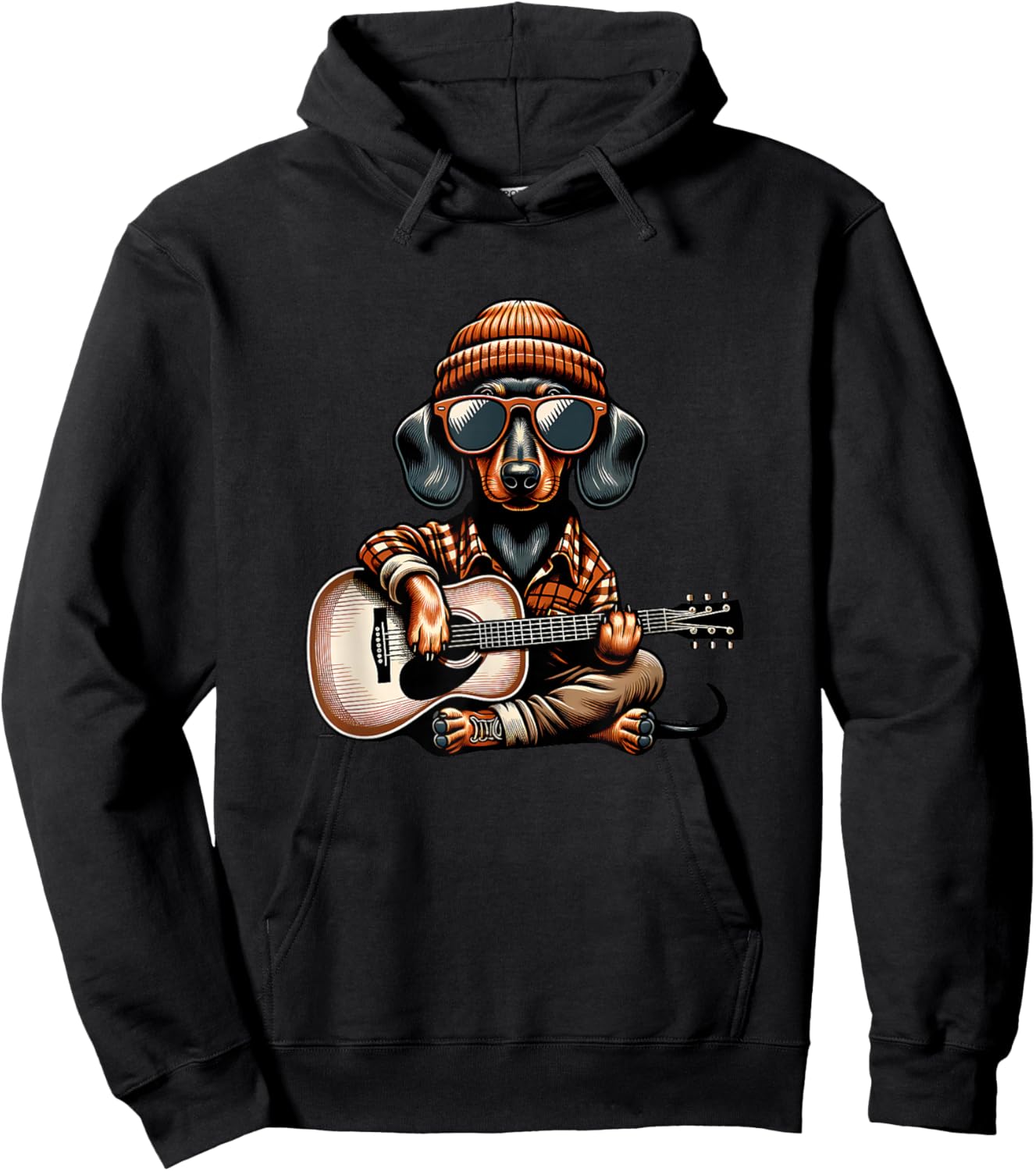 Cool Dachshund Playing Acoustic Guitar with Sunglasses Hoodie - Hoodie | Black