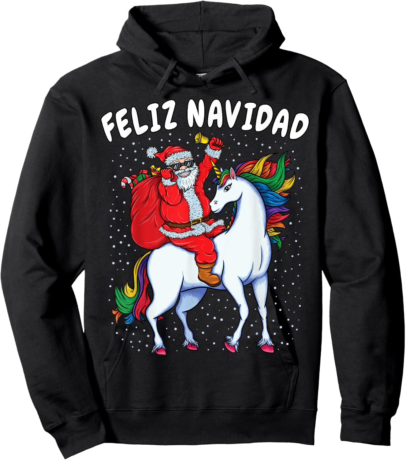 Santa Riding Unicorn Spanish Christmas Gift Feliz Navidad Hoodie - Hoodie | Black