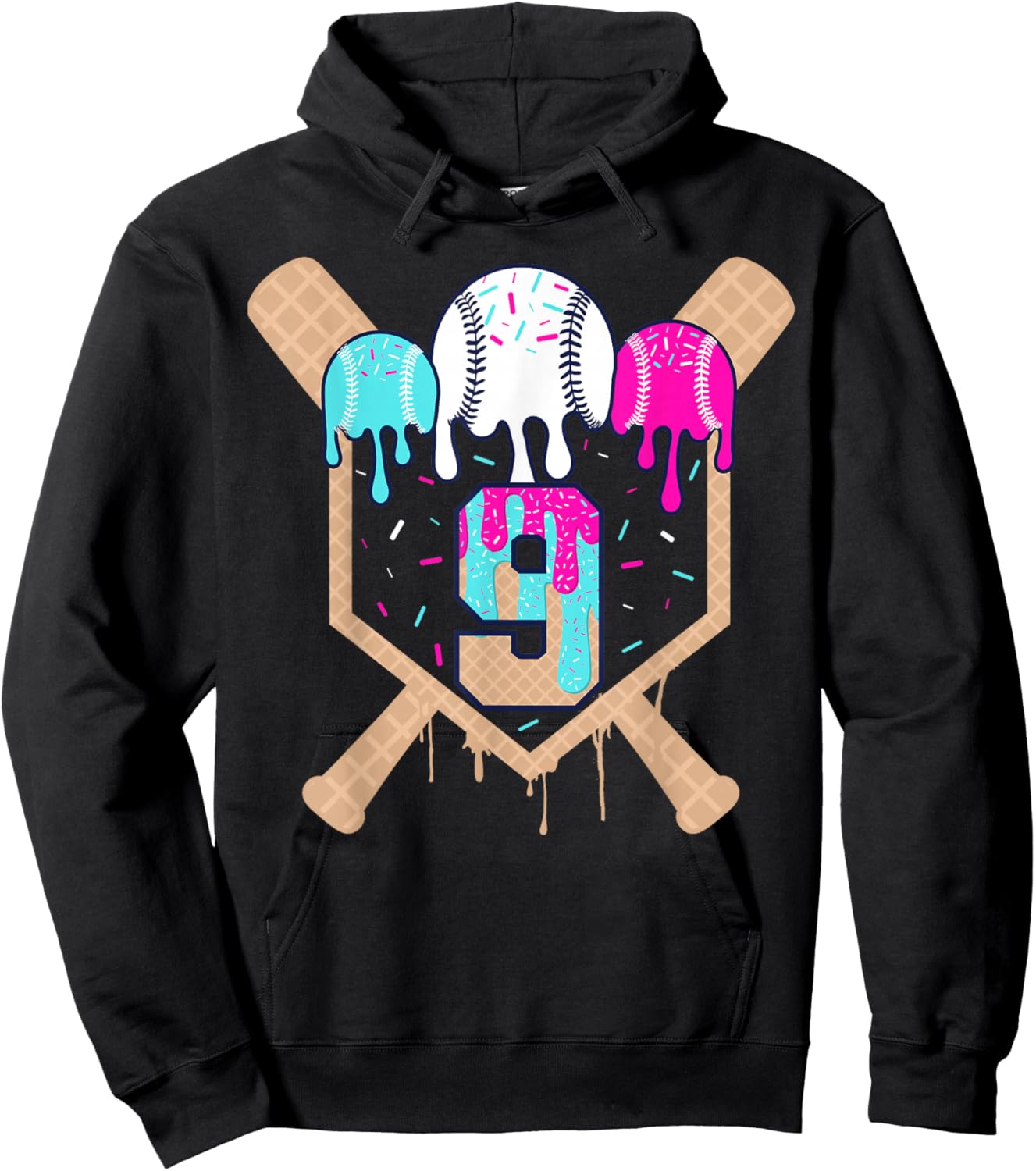 Baseball 9 Year Old Ice Cream Drip 9th Birthday Boy Number 9 Hoodie - Hoodie | Black