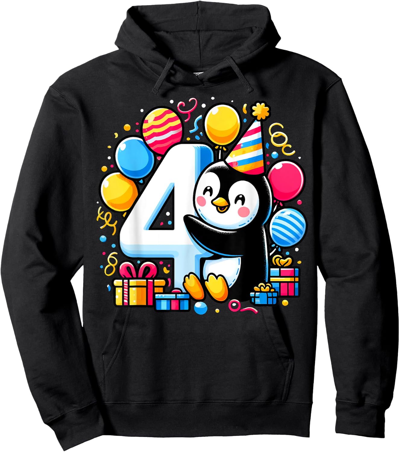 Penguin 4th birthday boy girl 4 year old fourth four Penguin Hoodie - Hoodie | Black