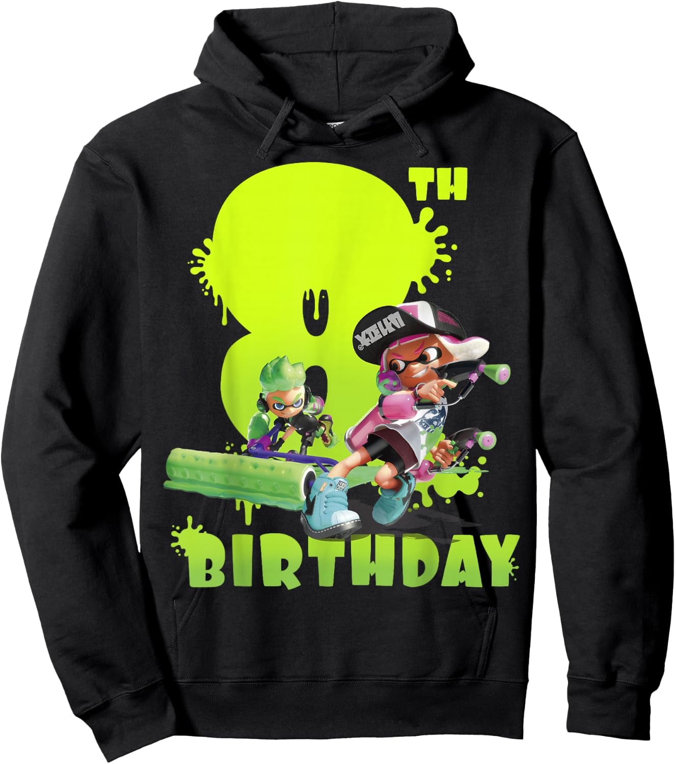 Splatoon Inkling 8th Birthday Green Splatter Portrait Hoodie - Hoodie | Black
