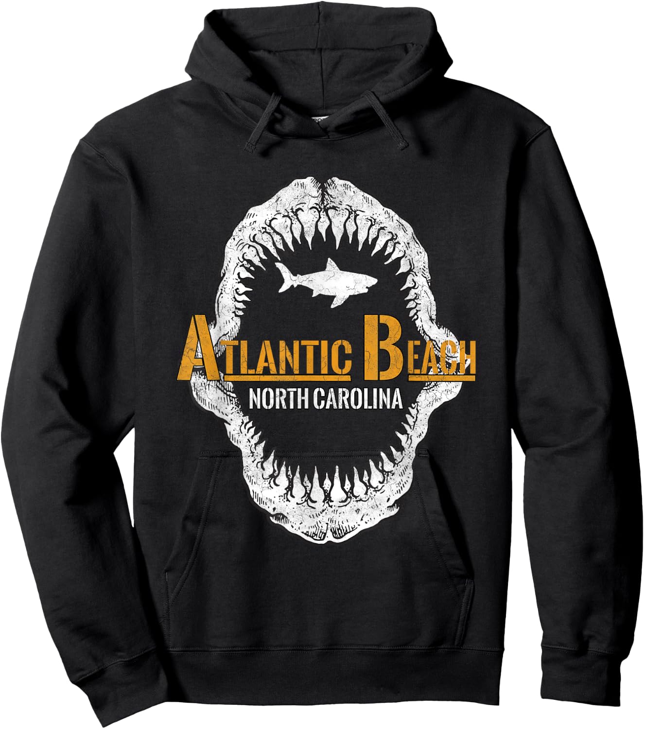 North Carolina Vintage Shark Teeth Retro Atlantic Beach NC Hoodie - Hoodie | Black