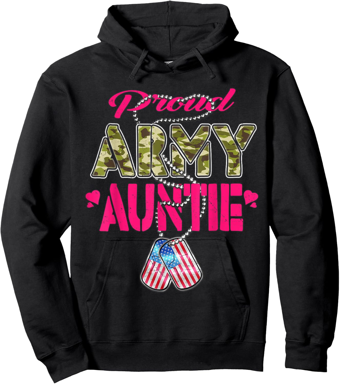 Proud Army Auntie Camo US Flag Dog Tags Pride Military Aunt Hoodie - Hoodie | Black