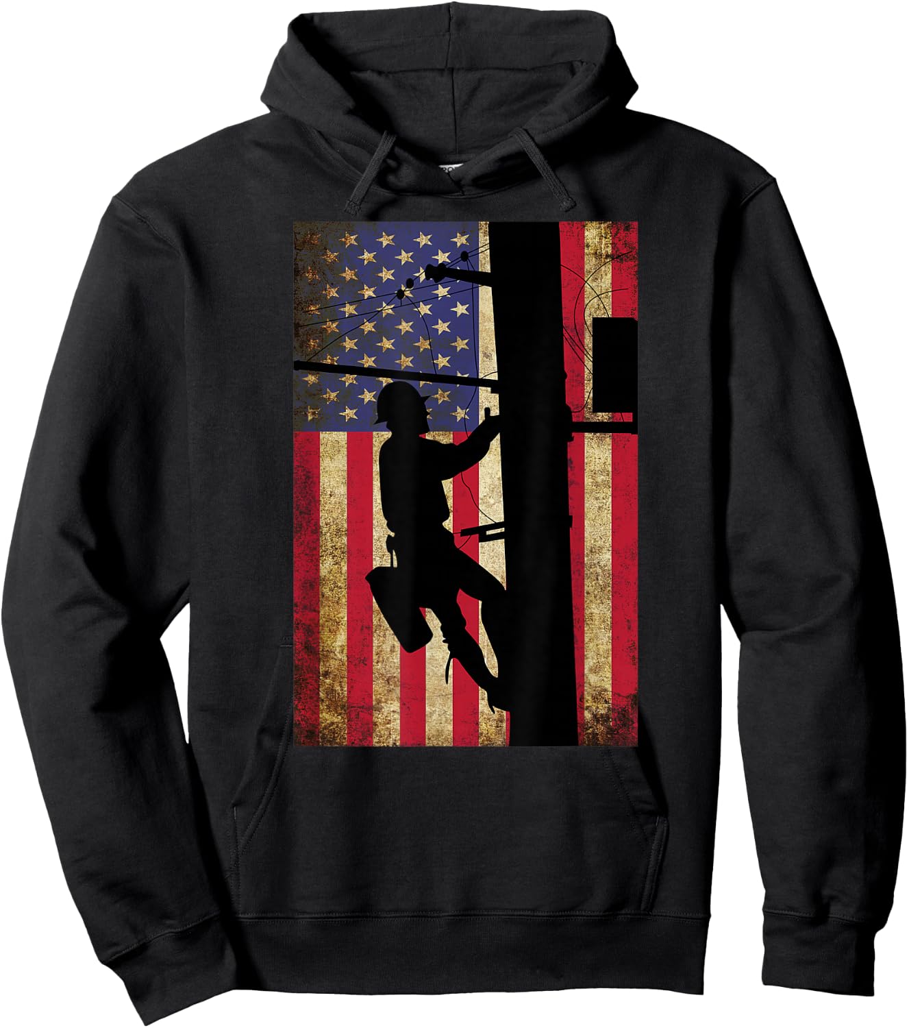 Lineman American Flag Shirt | Electric Cable Lineman Gift Hoodie - Hoodie | Black
