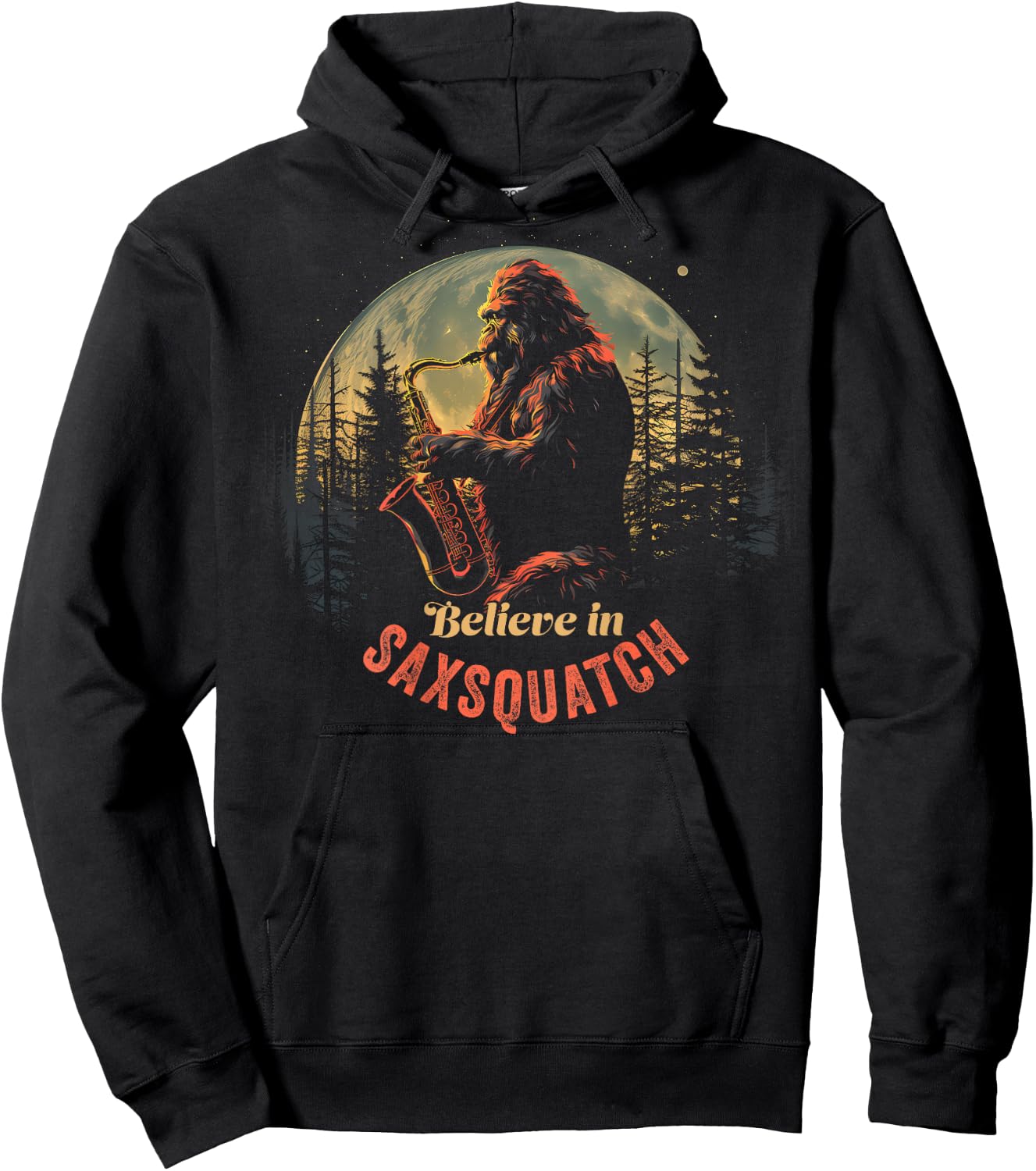 Yeti Bigfoot Playing Saxophone Sax-Squatch Back of Hoodie - Hoodie | Black