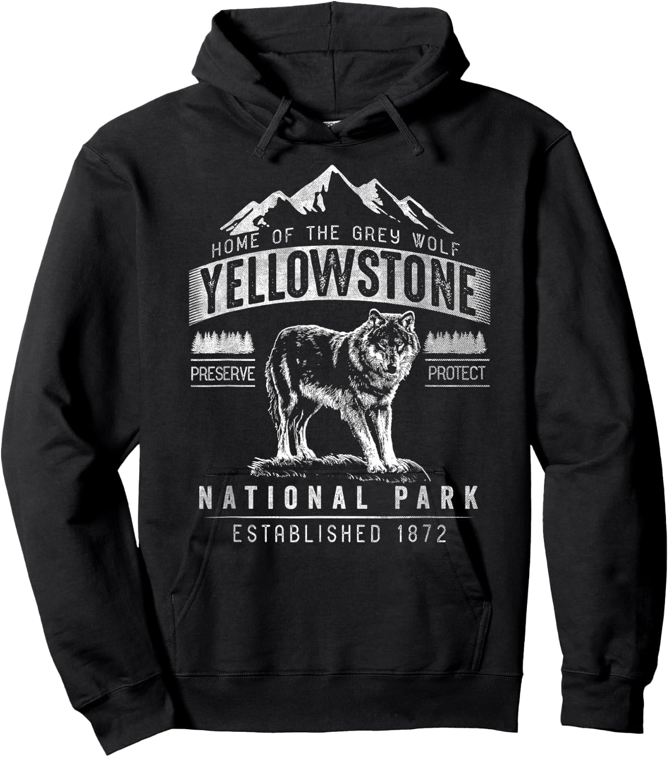 Vintage Grey Wolf Yellowstone National Park Hoodie - Hoodie | Black