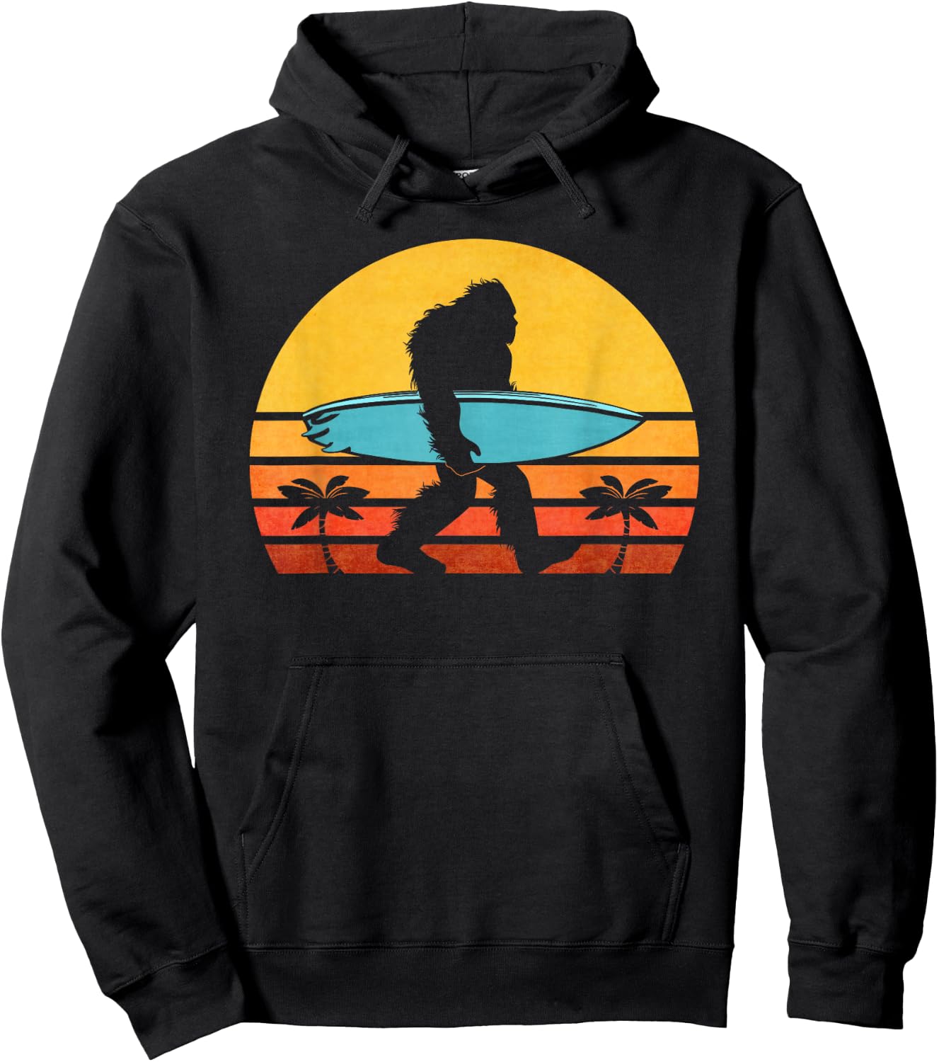 Bigfoot Retro Surfing , Tropical Sasquatch Surfer Hoodie - Hoodie | Black