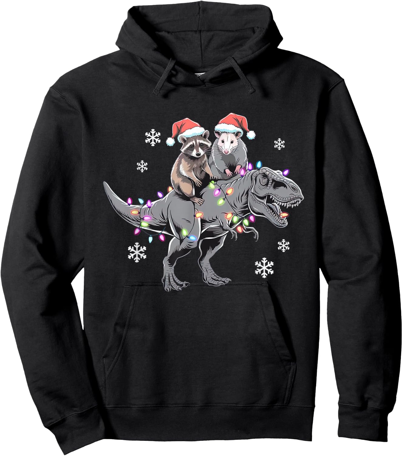 Funny Raccoon & Opossum Riding Dinosaur T-Rex Christmas Hoodie - Hoodie | Black