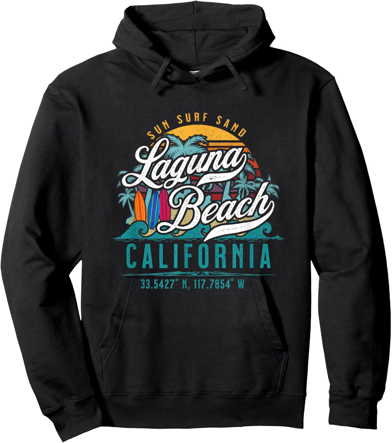 Laguna Beach California USA Retro Sun Sand Surf Palm Trees Hoodie - Hoodie | Black