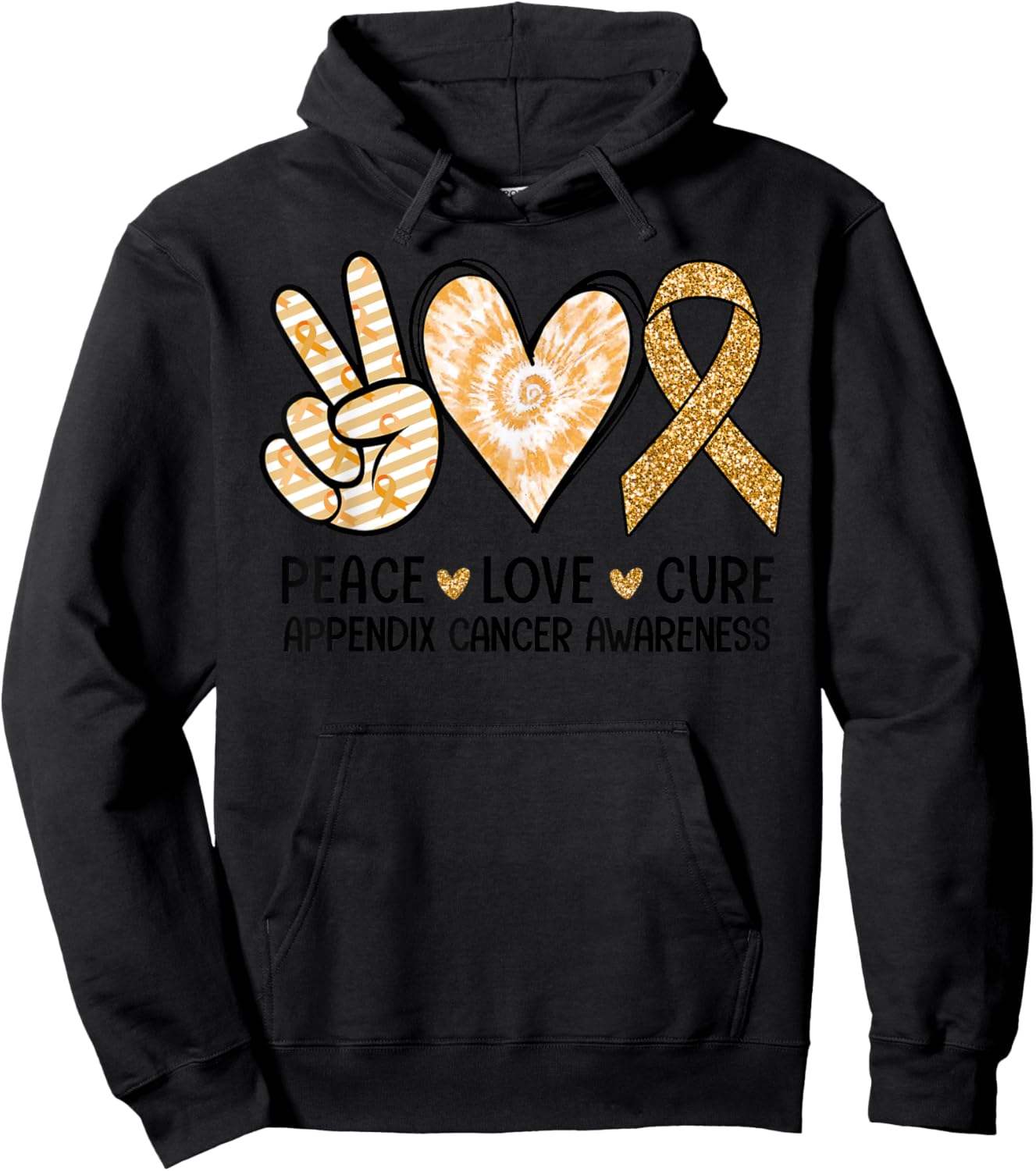 Retro Peace Love Cure Amber Ribbon Appendix Cancer Awareness Hoodie - Hoodie | Black
