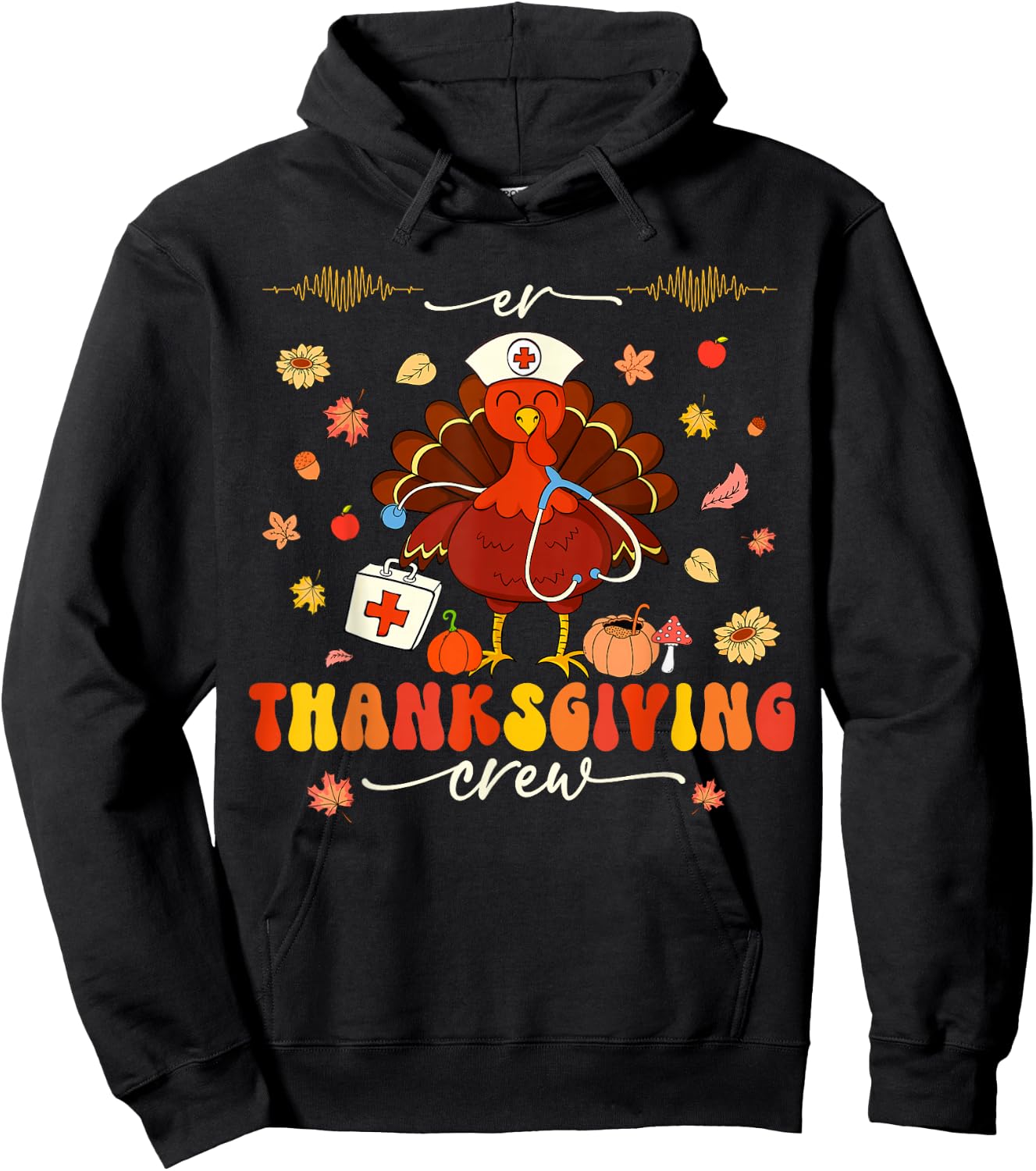 Nurse Crew Groovy Turkey Shirts Idea ER Thanksgiving Crew Turkey Nurses Emergency Department Adults Black Small Modern Classic Cartoon Holiday Short Sleeve Hoodie - Hoodie | Black