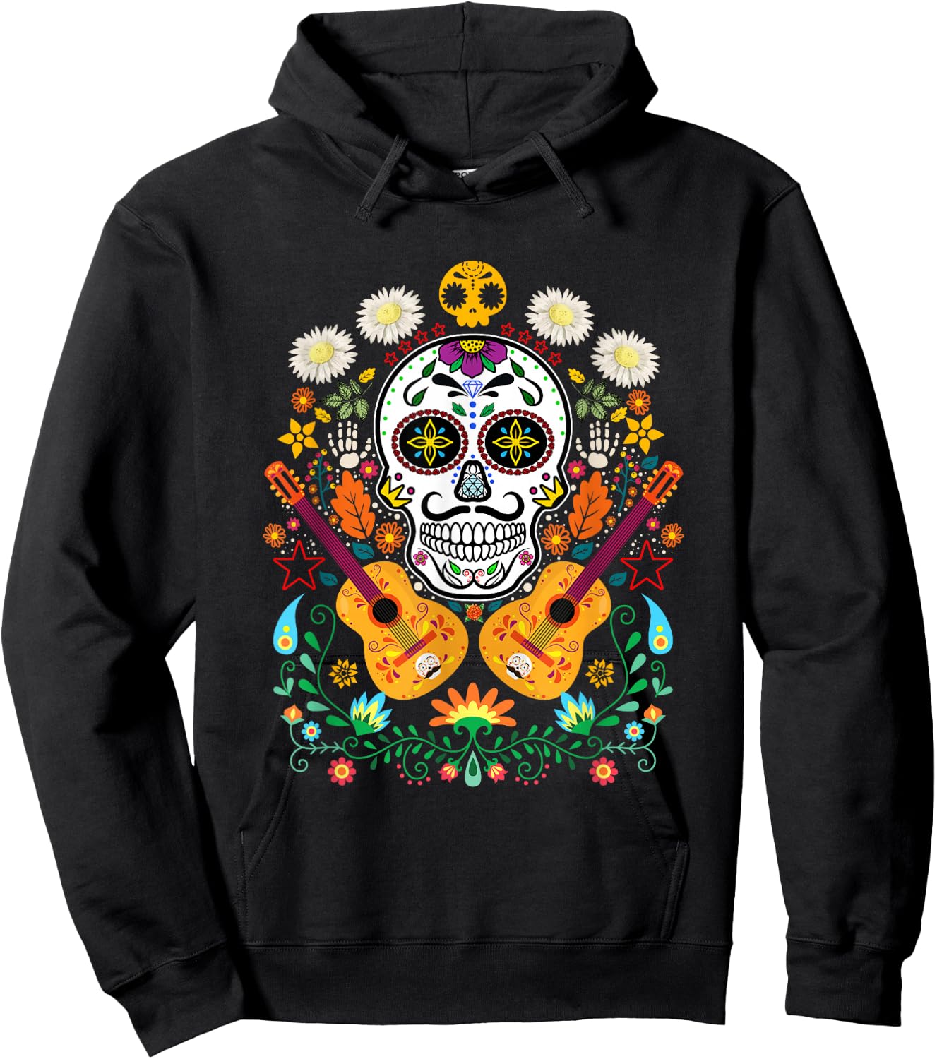 Flower Guitar Skull Day of the Dead Gifts Mariachi Hoodie - Hoodie | Black