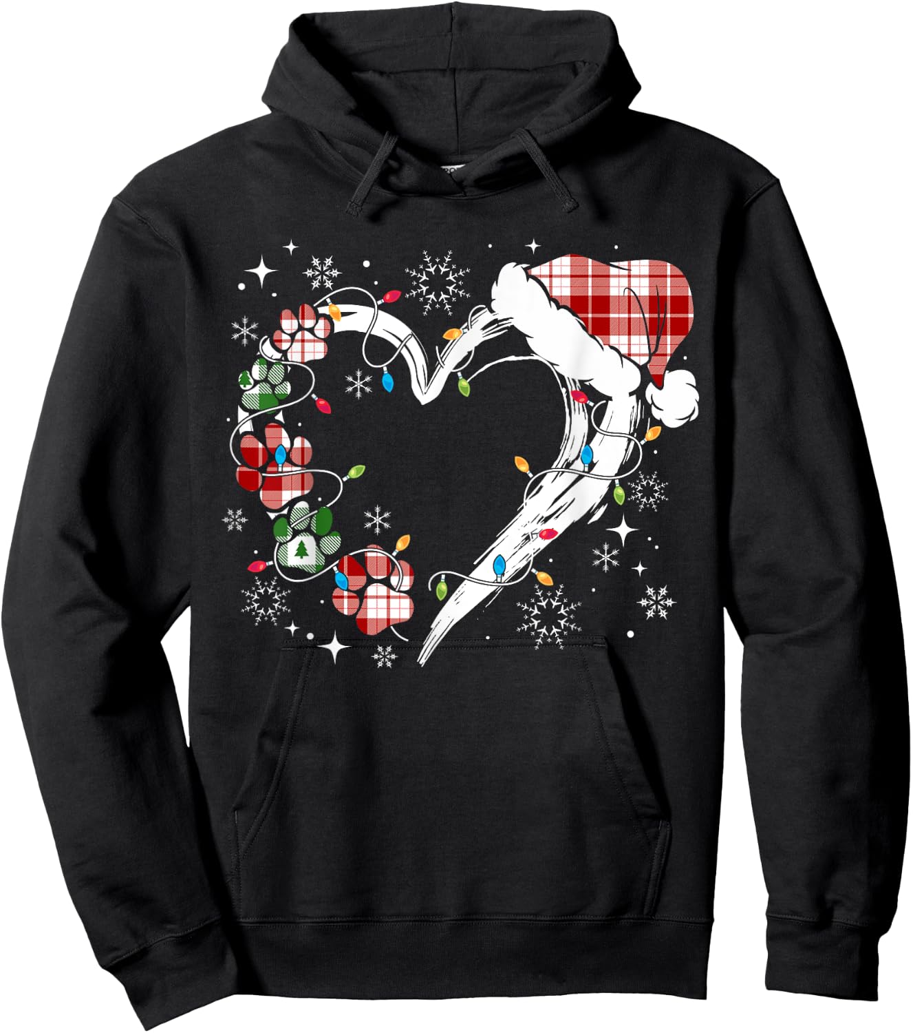 Dog Paw Print Heart Santa Hat Christmas Lights Animal Lover Hoodie - Hoodie | Black