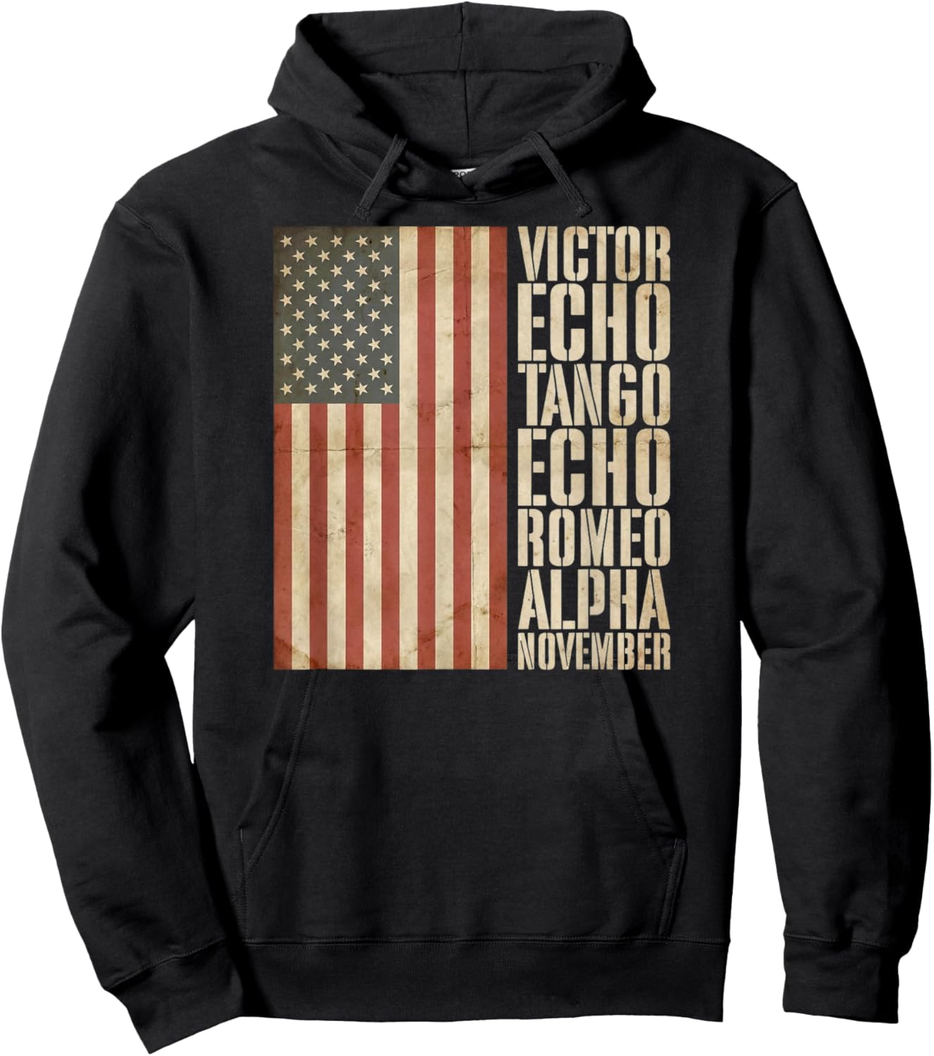 Veteran Military Alphabet American Flag Aged Hoodie - Hoodie | Black