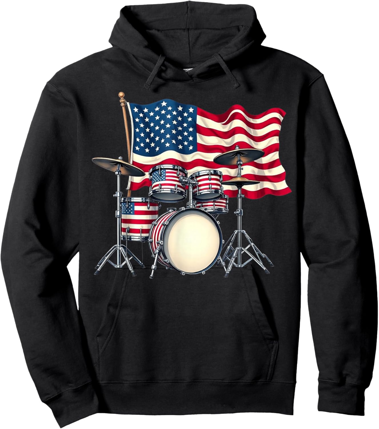 Patriotic Drum Drumset Drummer Lover American 4th of July Hoodie - Hoodie | Black