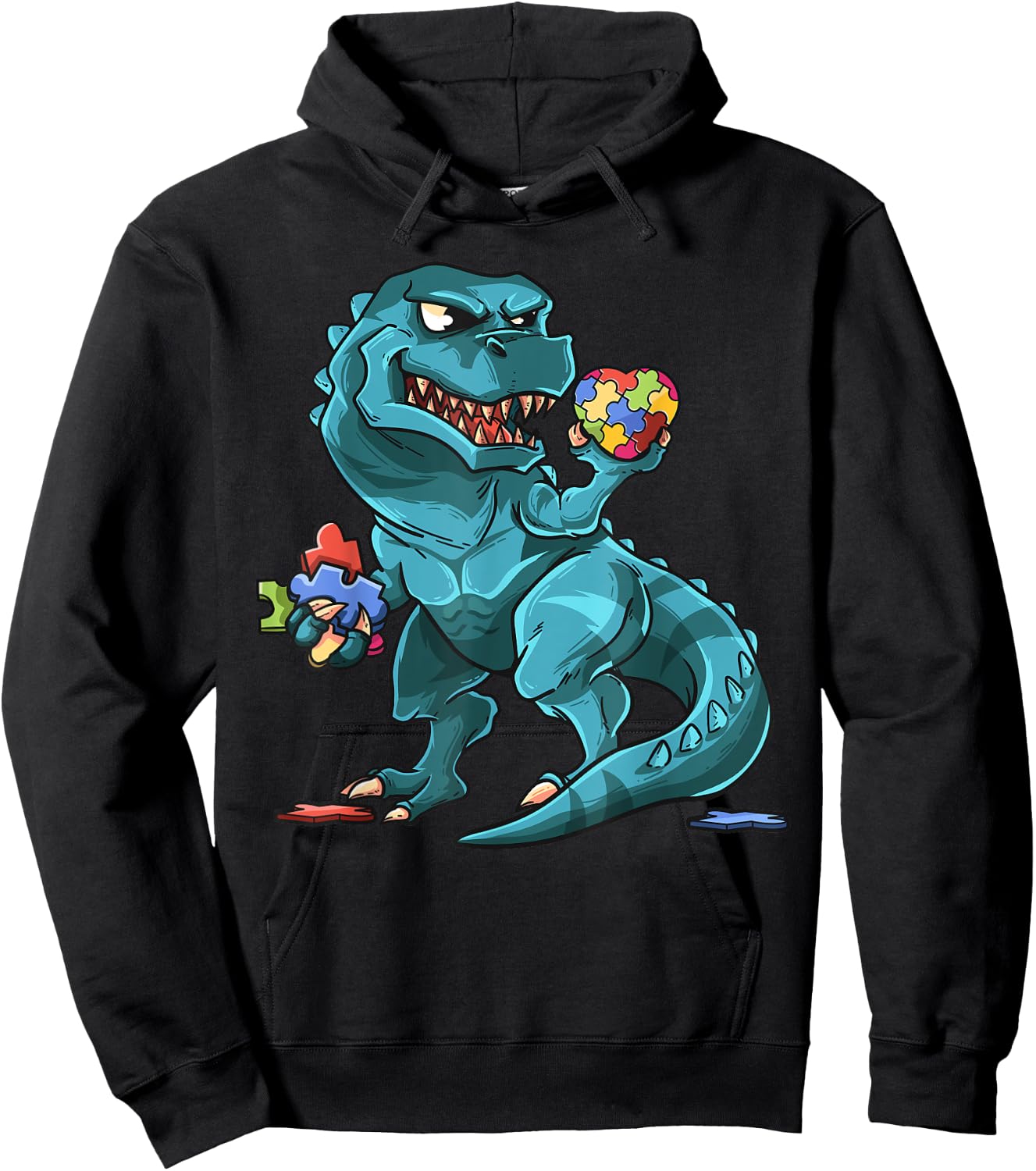 Autism Awareness Dinosaur Shirt | T-Rex Heart Puzzle Pieces Hoodie - Hoodie | Black