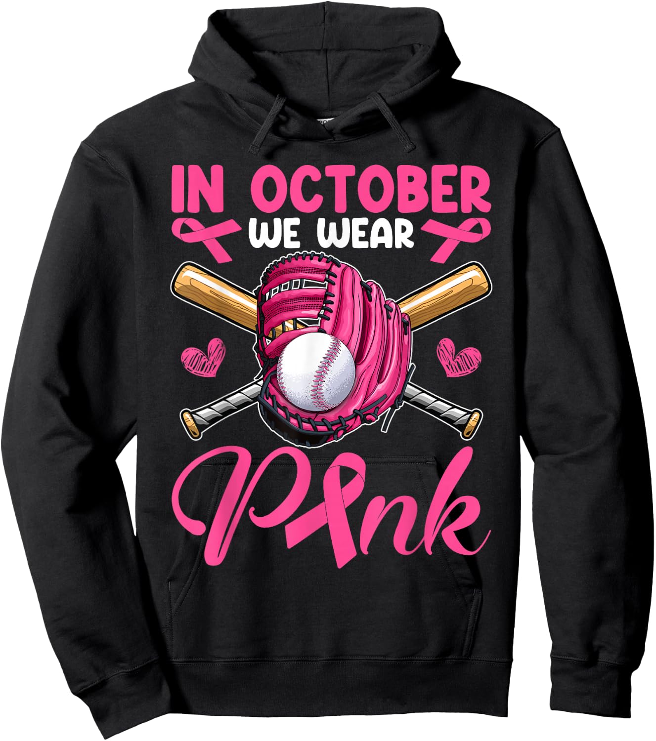 In October We Wear Pink Breast Cancer Awareness Day Baseball Hoodie - Hoodie | Black