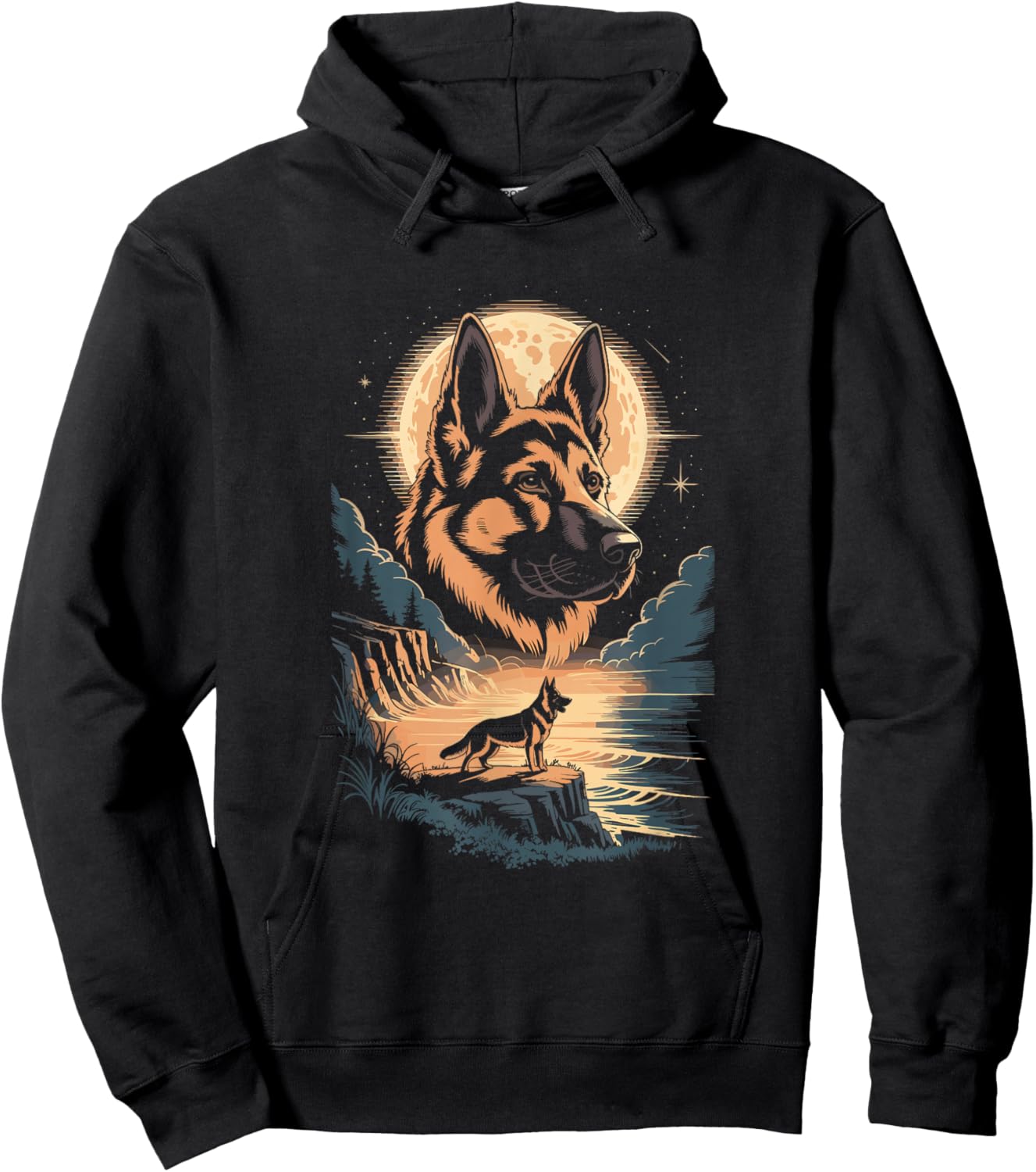 Moonlit German Shepherd Dog Night Lake Scene Hoodie - Hoodie | Black