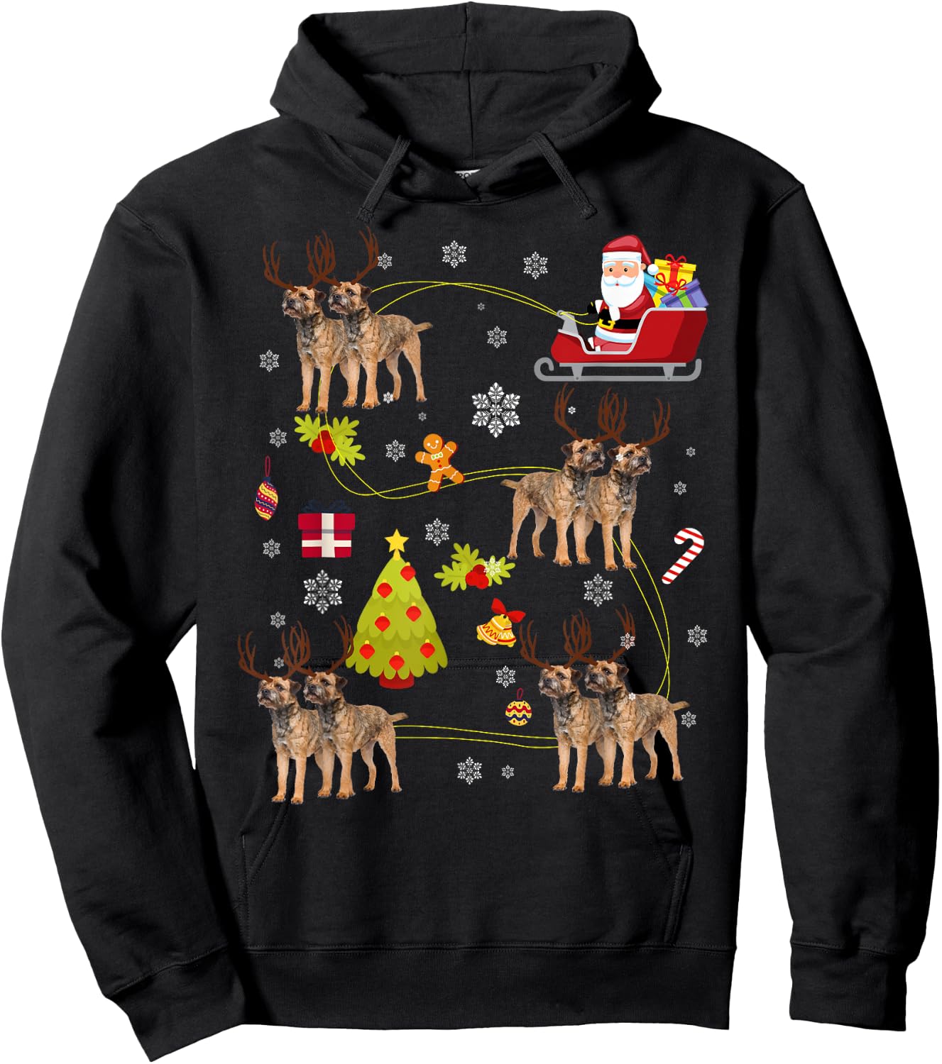 Santa Hat Border Terrier Christmas Tree Lights Xmas Gift Hoodie - Hoodie | Black