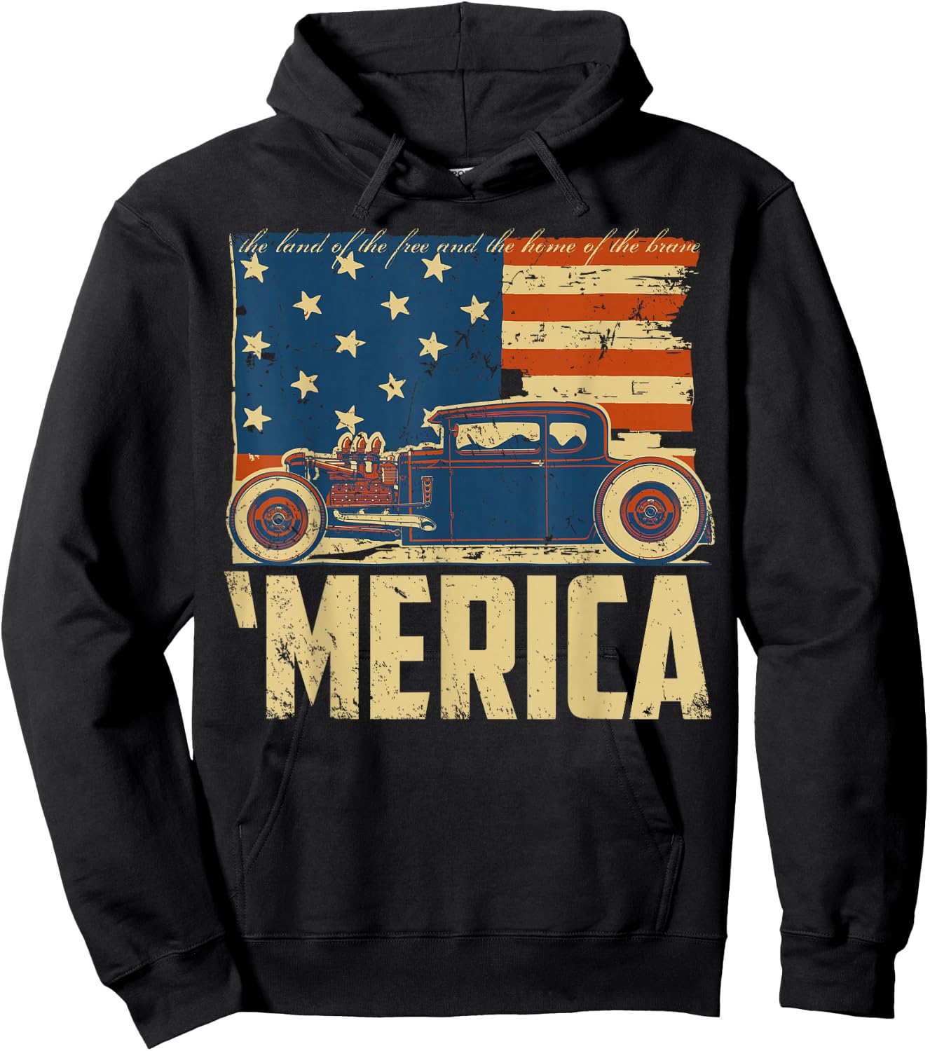 American Flag Hot Rod Custom Car Merica 4th of July Hoodie - Hoodie | Black