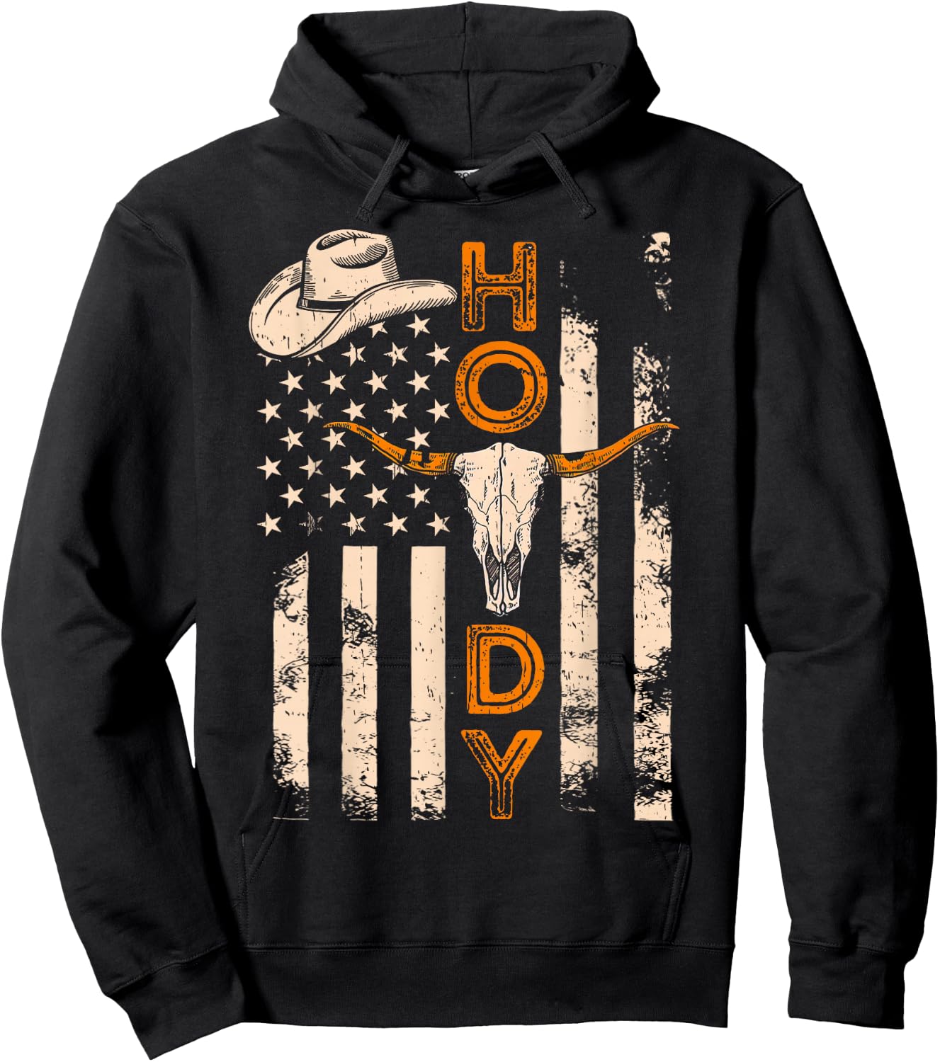 Western Country Rodeo Southern Howdy Cowboy American Flag Hoodie - Hoodie | Black