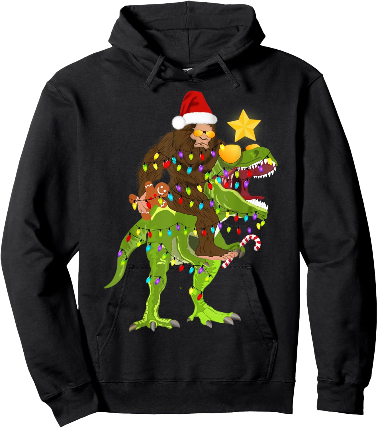 Xmas Tree Rex Yeti Bigfoot Sasquatch Riding Dinosaur T Rex Hoodie - Hoodie | Black