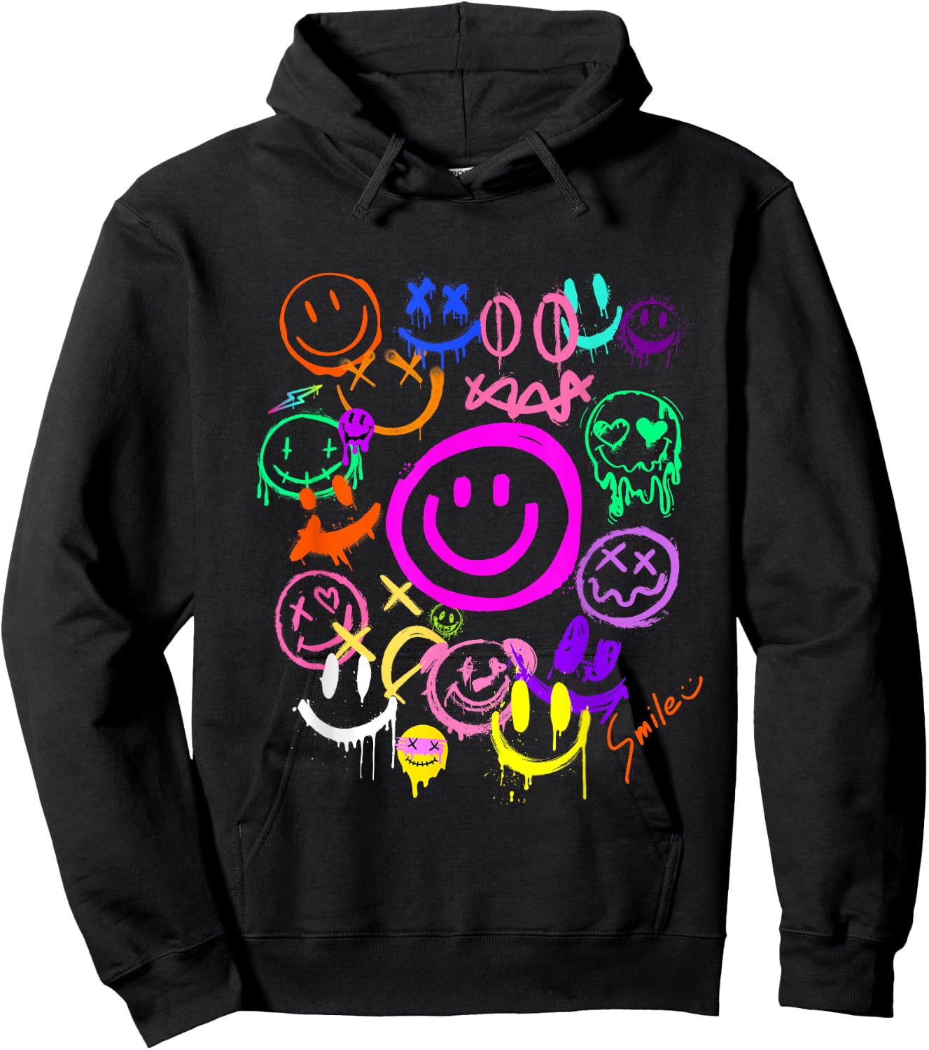 Smile Face Emoticons Fun Vivid Graffiti Smileys, Graphic Hoodie - Hoodie | Black