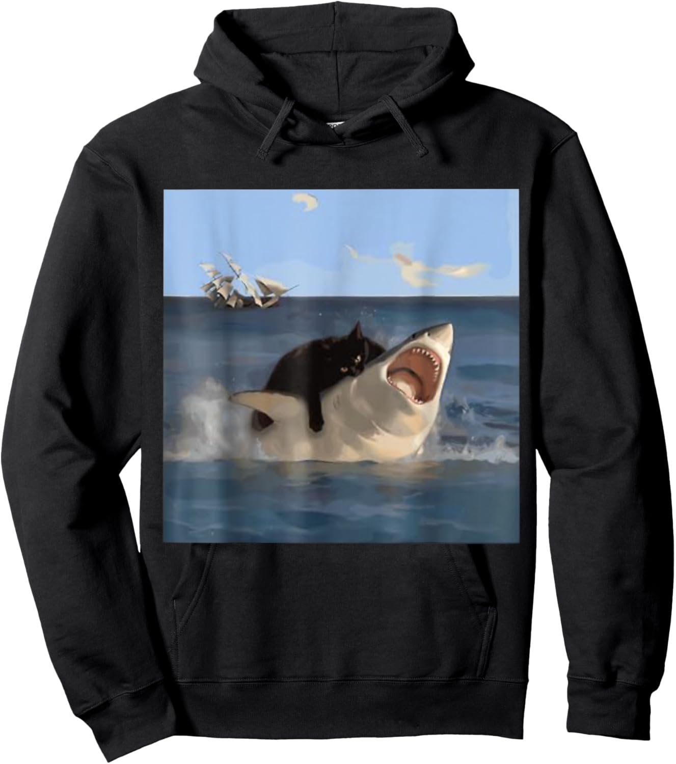 Cat Biting Shark Funny Hoodie - Hoodie | Black