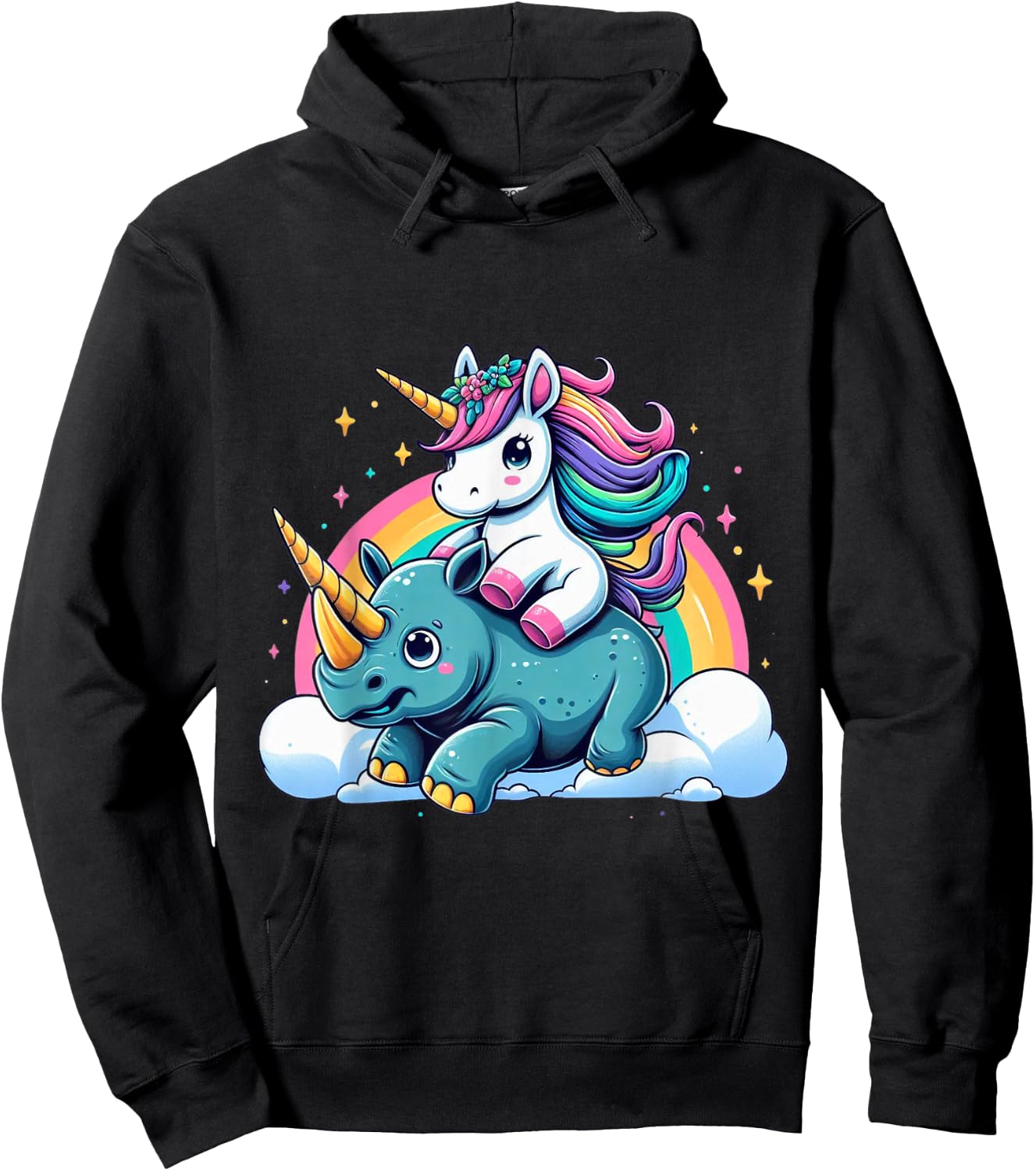 Unicorn Riding Rhino Boys Girls Men Women Kids Rainbow Hoodie - Hoodie | Black