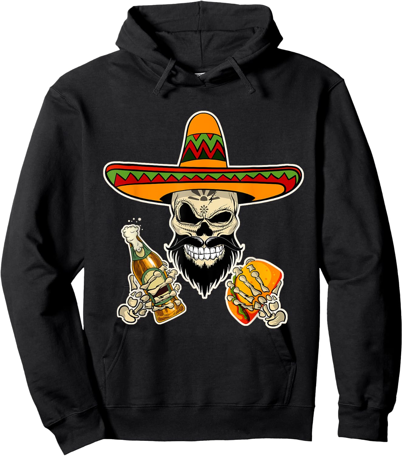 Mexican Sugar Skull with Tacos and Beer Funny Hoodie - Hoodie | Black
