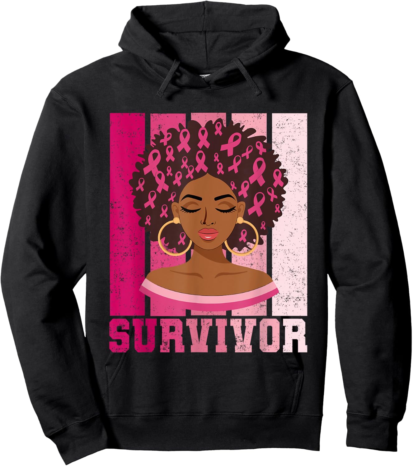 Black Woman Pink Ribbon October Breast Cancer Survivor Hoodie - Hoodie | Black