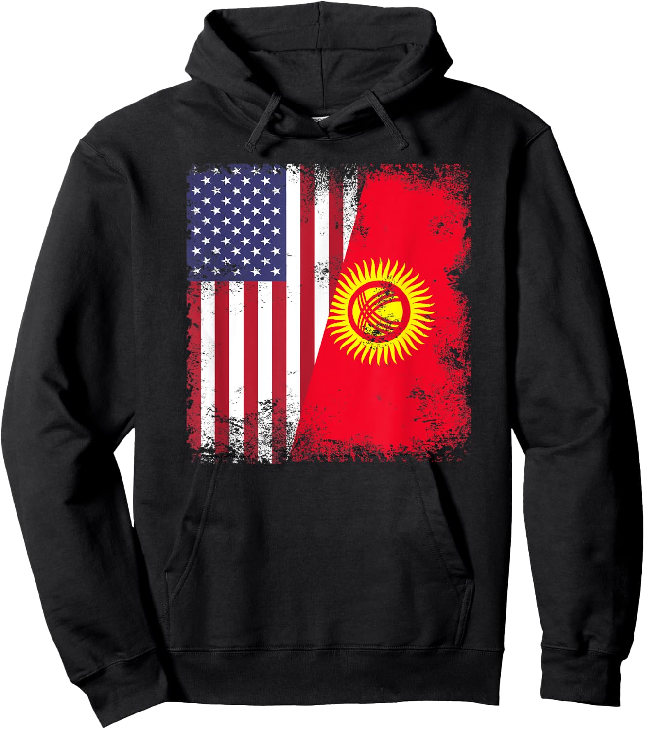 Half Kyrgyz Flag | Vintage Kyrgyzstan USA Gift Hoodie - Hoodie | Black