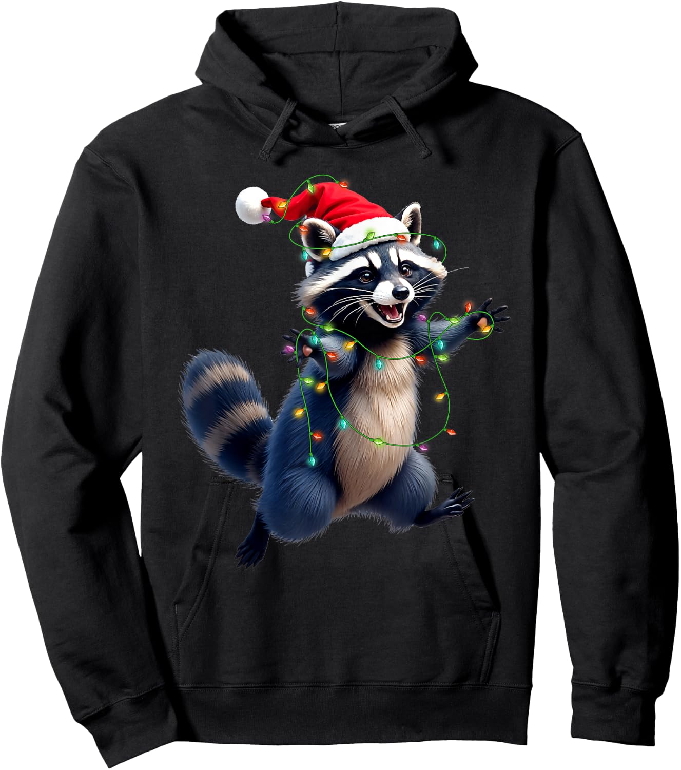 Funny Racoon Santa Hat Christmas Tree Lights Xmas PJS Kids Hoodie - Hoodie | Black