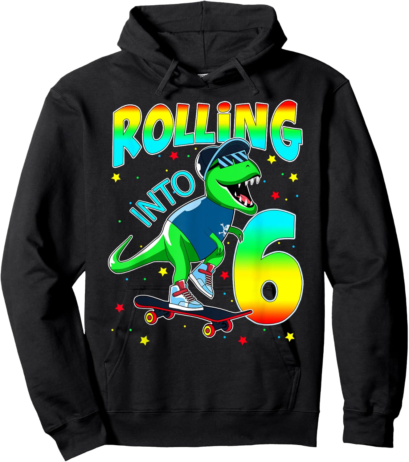 Rolling Into 6 years Lets Roll I'm Turning 6 Skate Dinosaur Hoodie - Hoodie | Black