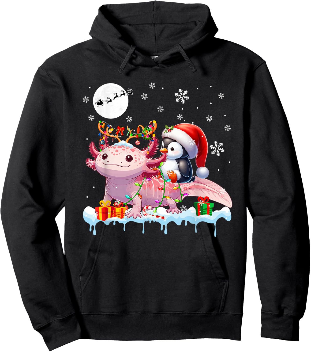 Santa Penguin Riding Axolotl Reindeer Christmas Sea Animal Hoodie - Hoodie | Black