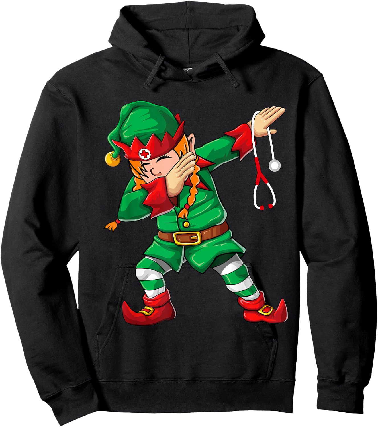 Dabbing Elf Girl Shirt Christmas Scrub Tops Women Cute Nurse Hoodie - Hoodie | Black