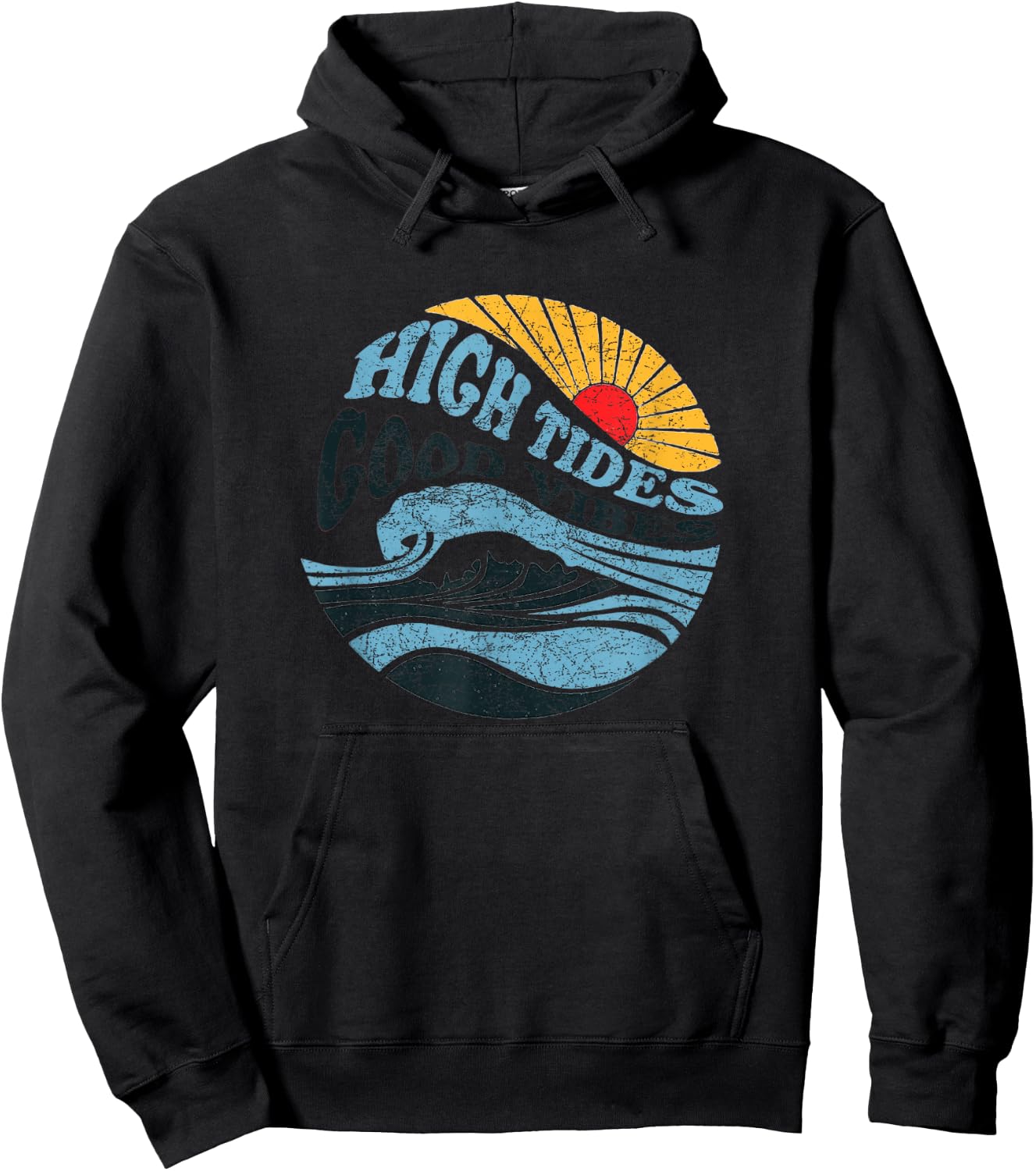 High Tides Good Vibes - Vintage Wave and Palm Tree Hoodie - Hoodie | Black